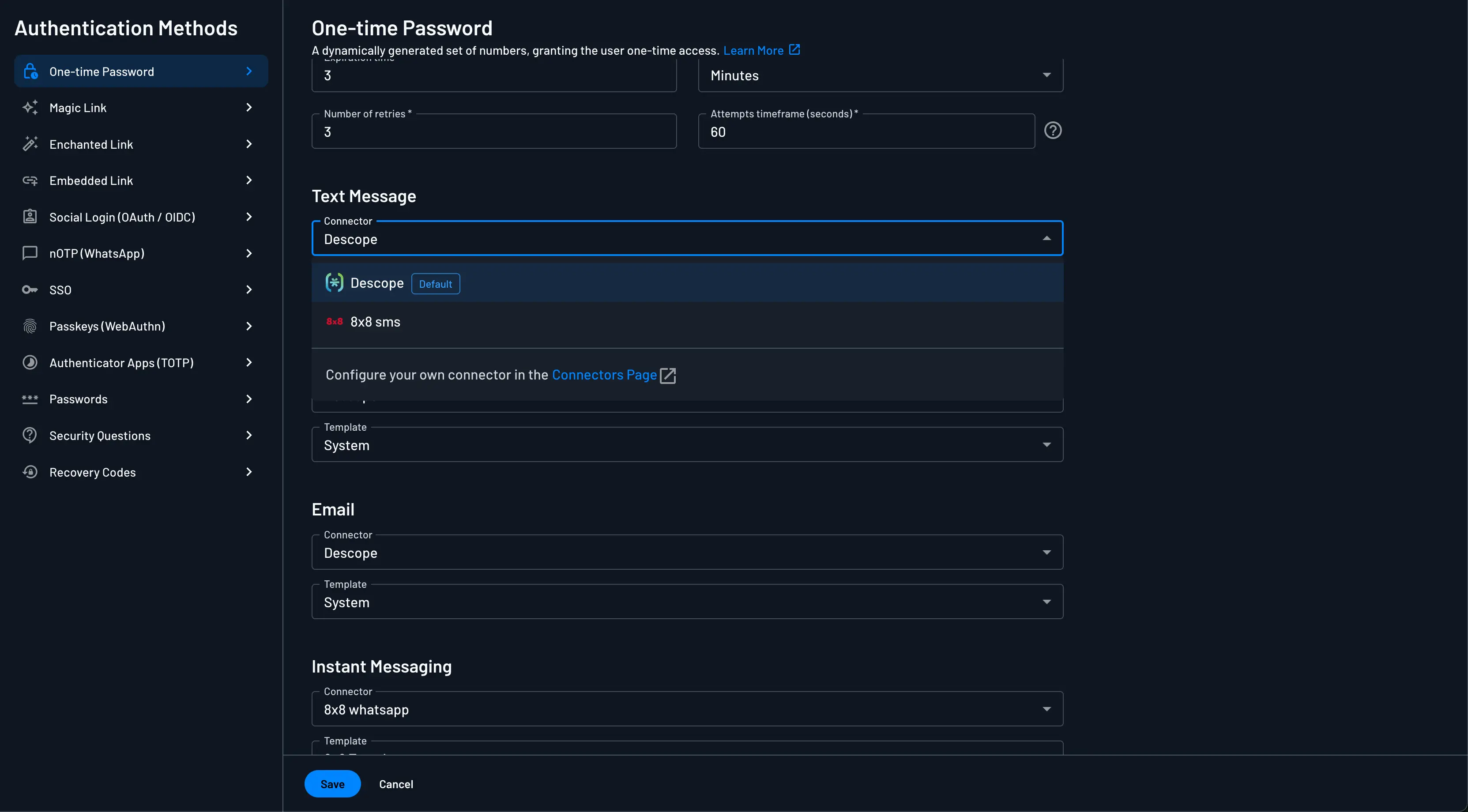 Configuring 8x8 as the default OTP connector within Descope Authentication Methods