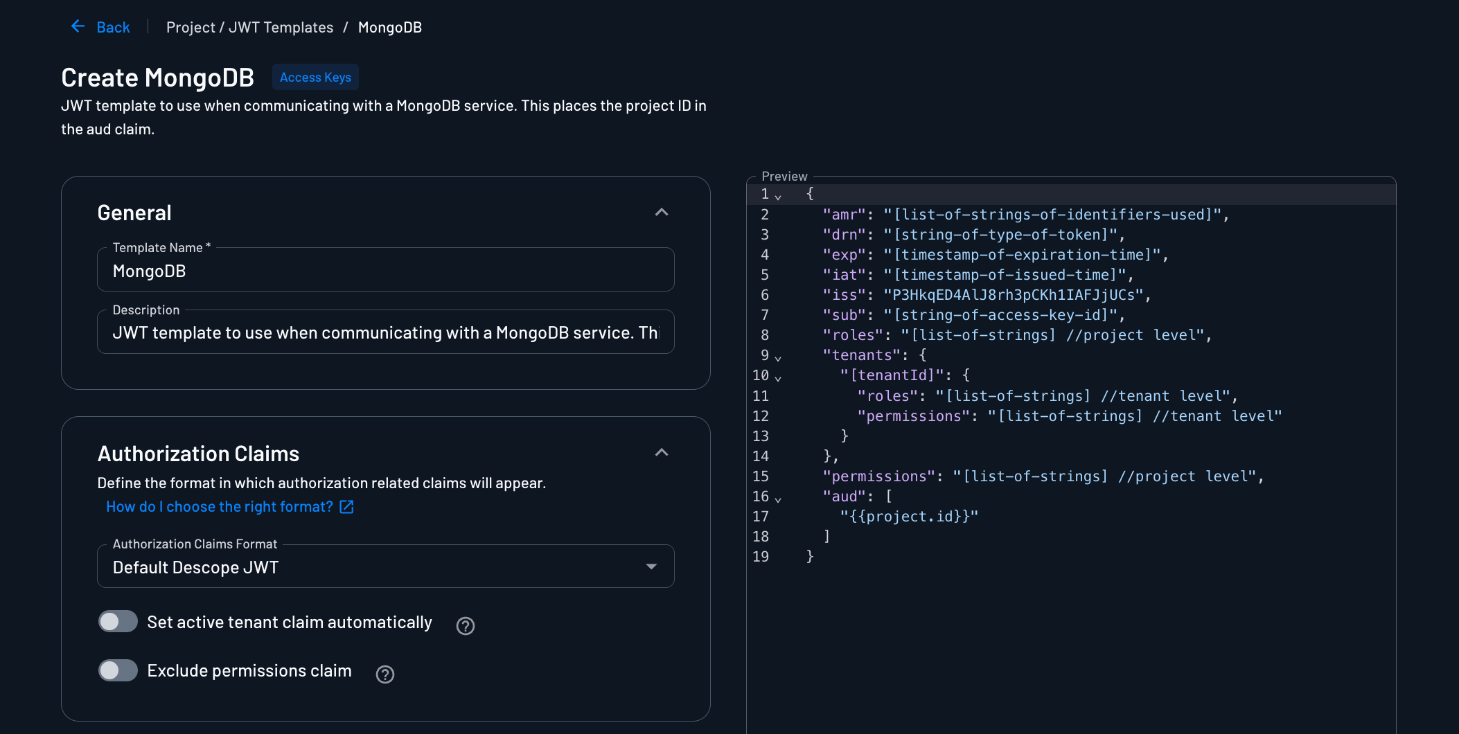 MongoDB Access Key JWT Template