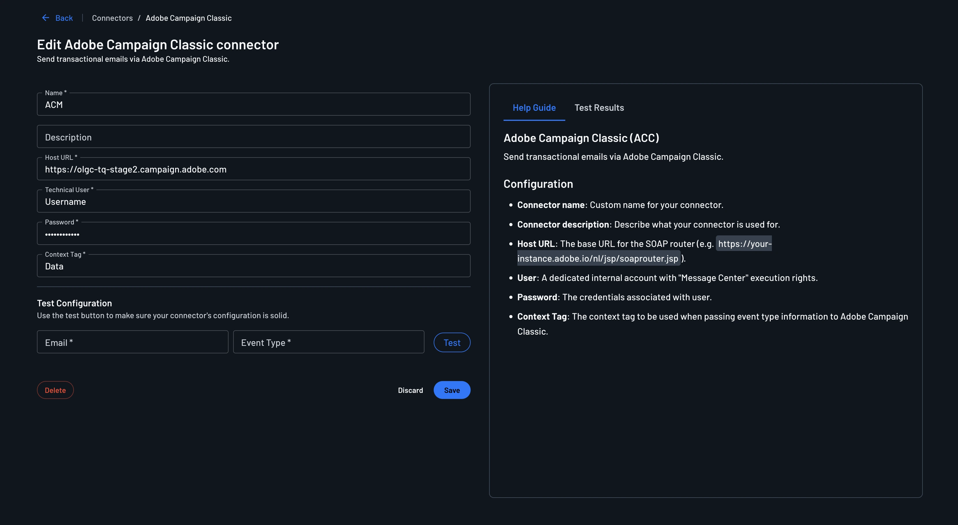 Example of configuring Adobe Campaign Classic connector