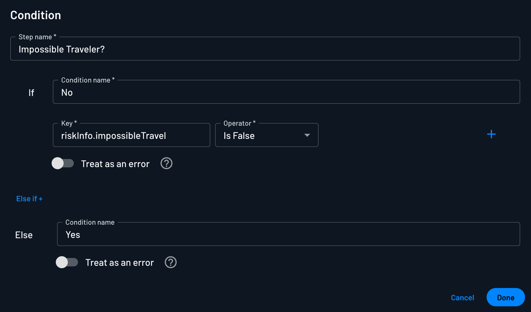 Add a condition to check for impossible traveler within a Descope flow to enable adaptive MFA