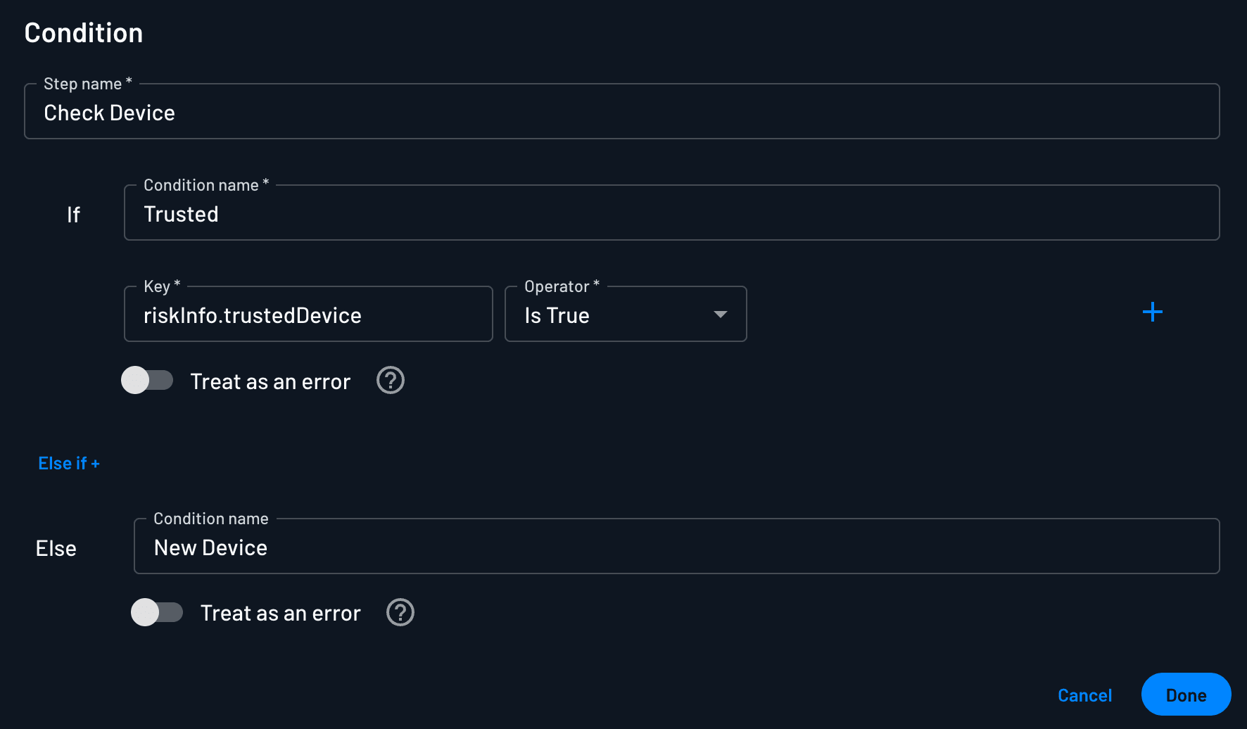 Add a condition to check if a device is trusted within a Descope flow to enable adaptive MFA for trusted device