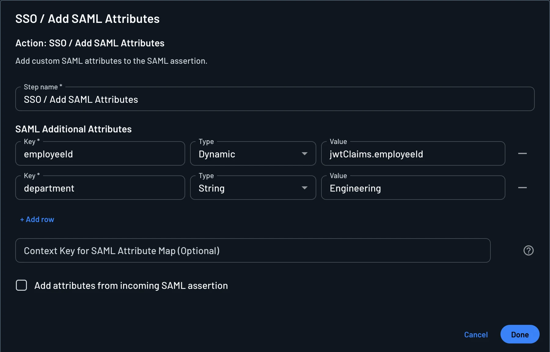 Configuring the SSO / Add SAML Attributes action