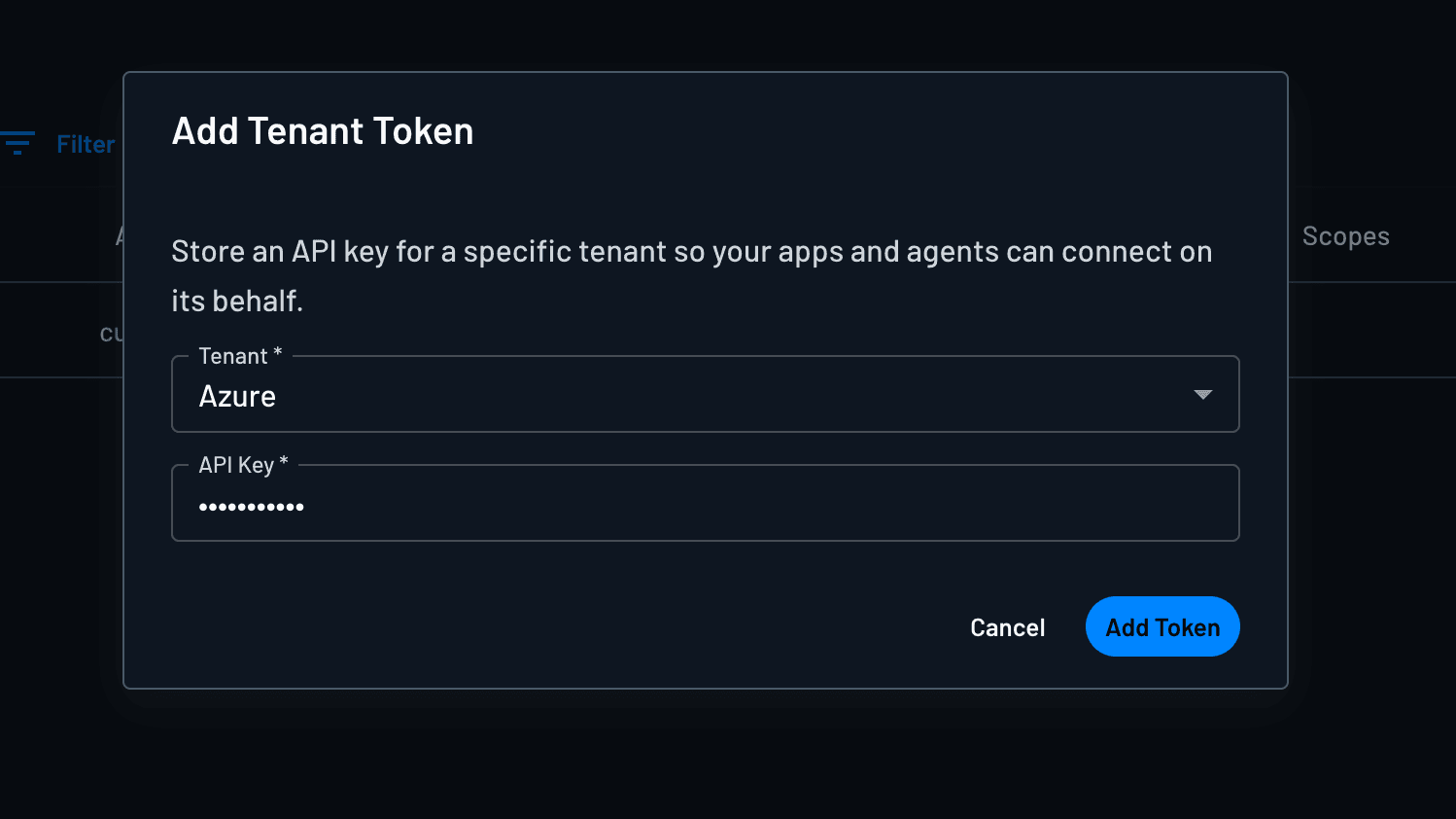 Add Tenant Token dialog