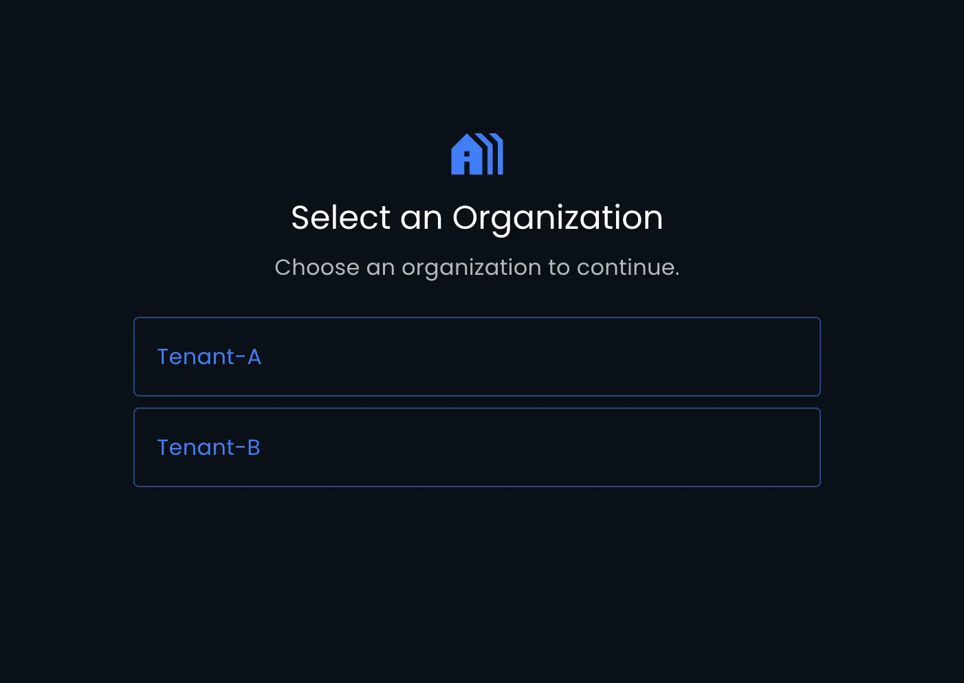 Admin Portal Select an Organization page