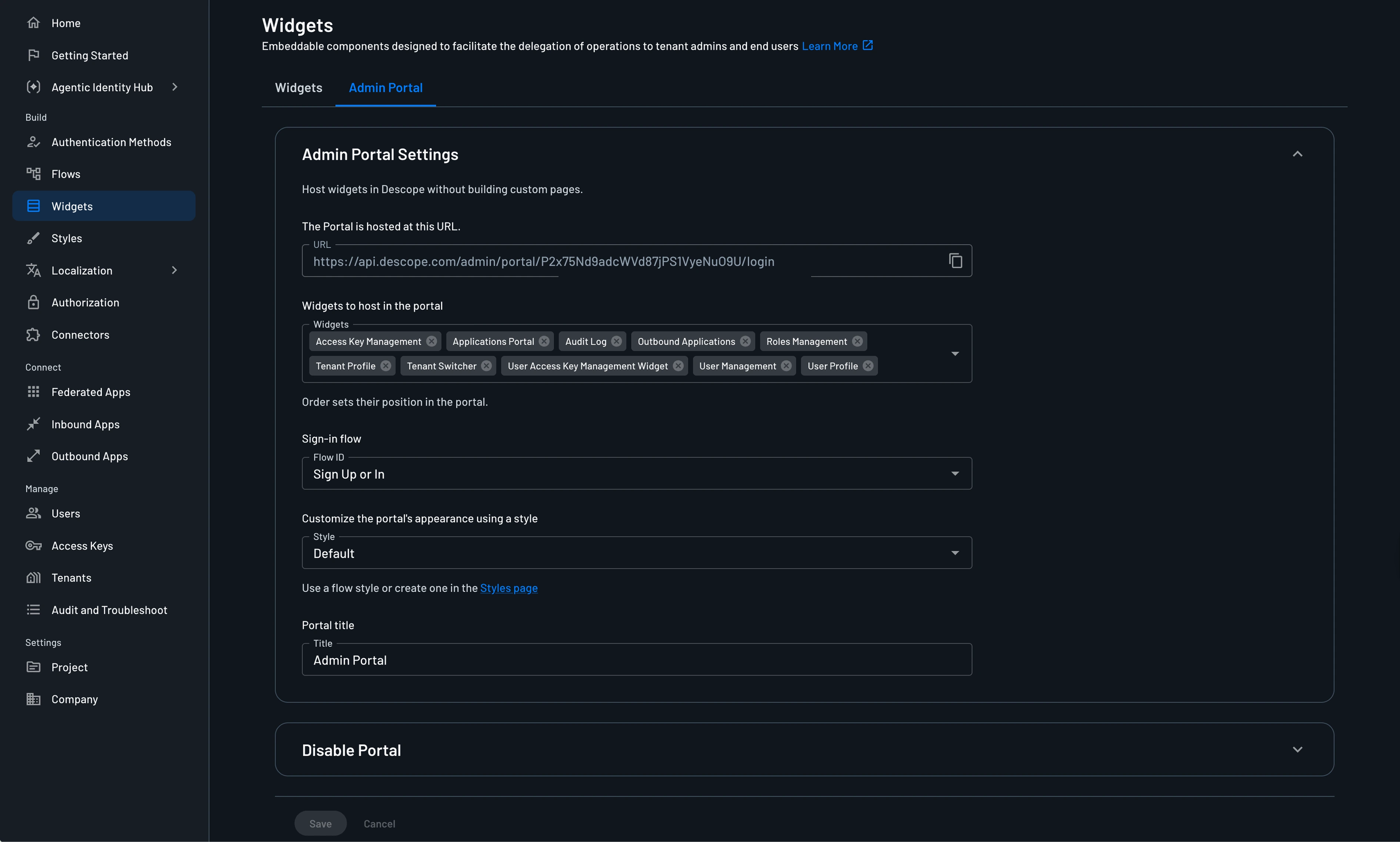 Admin Portal settings in Descope Console
