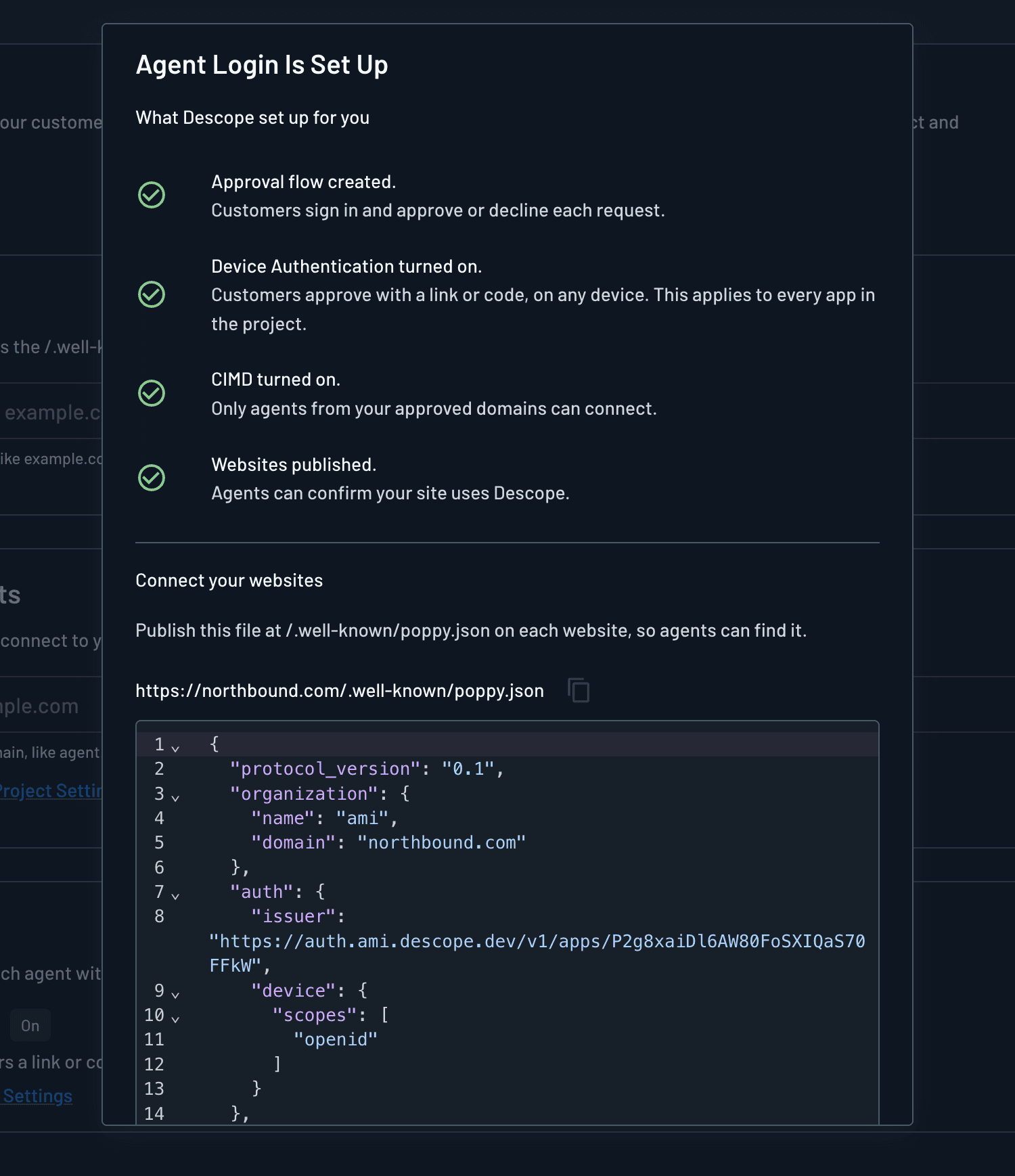 Agent Login setup confirmation with the generated poppy.json file