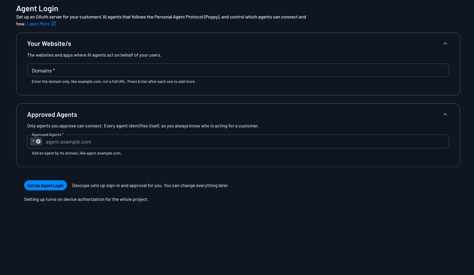 Agent Login setup page with the Your Website/s and Approved Agents sections