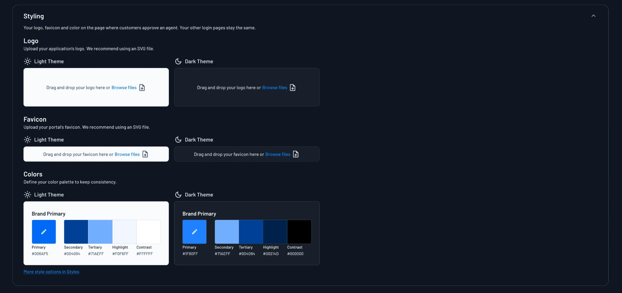 Styling section with logo, favicon, and color settings for light and dark themes