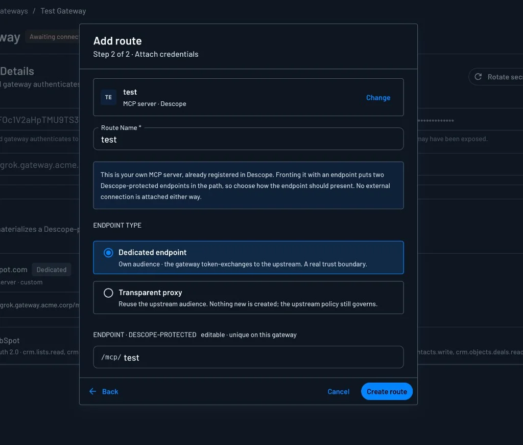 Add route for an MCP server registered in Descope