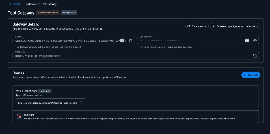 Gateway details with client credentials and routes