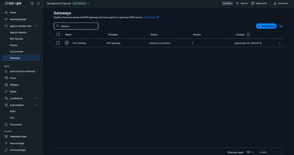 Gateways page in the Agentic Identity Hub