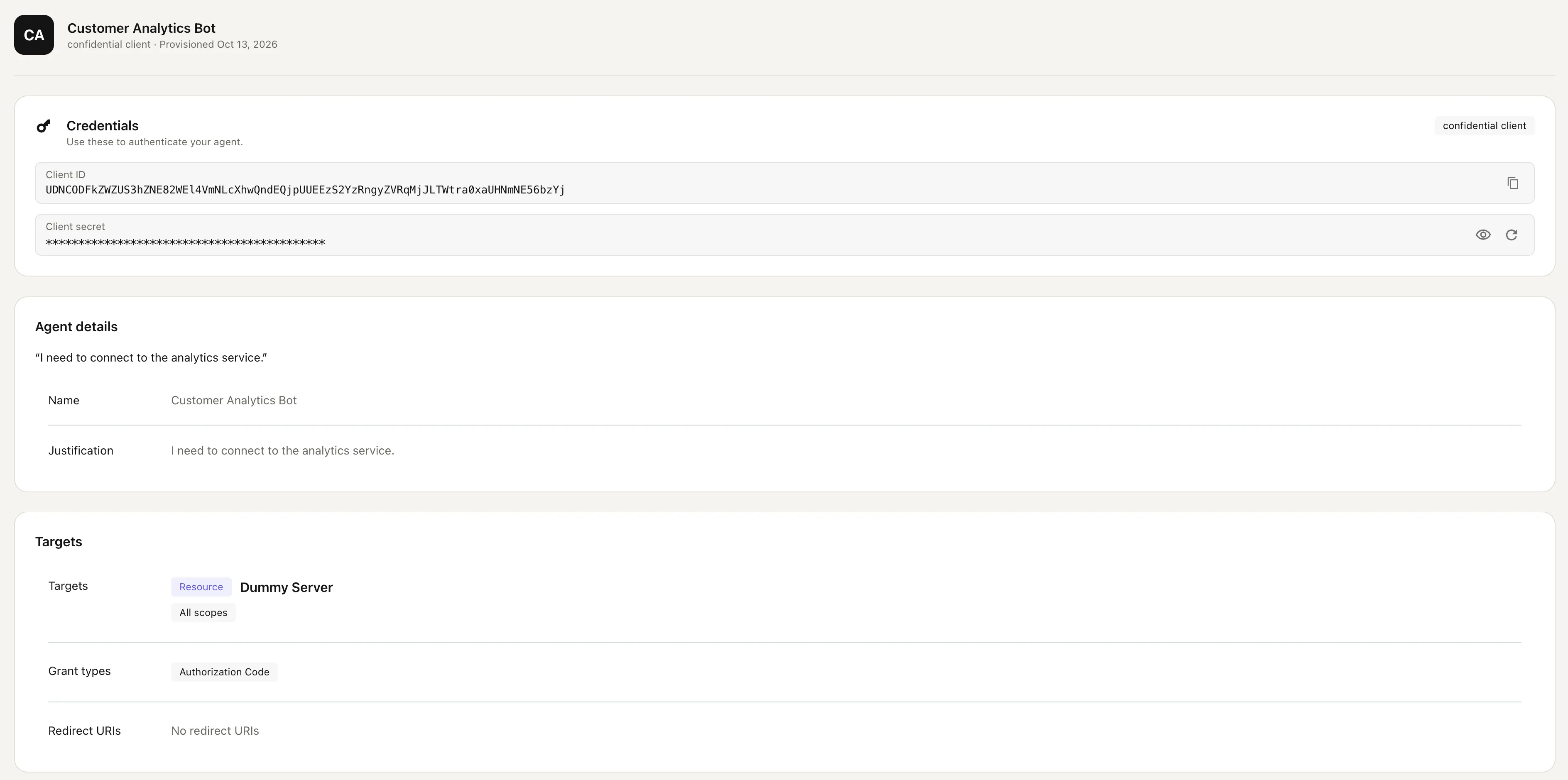 Manage view with client credentials, agent details, targets, grant types, and redirect URIs