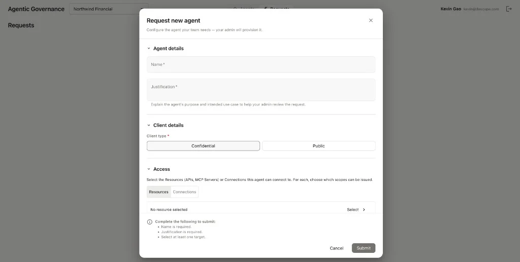 Request new agent form in the portal