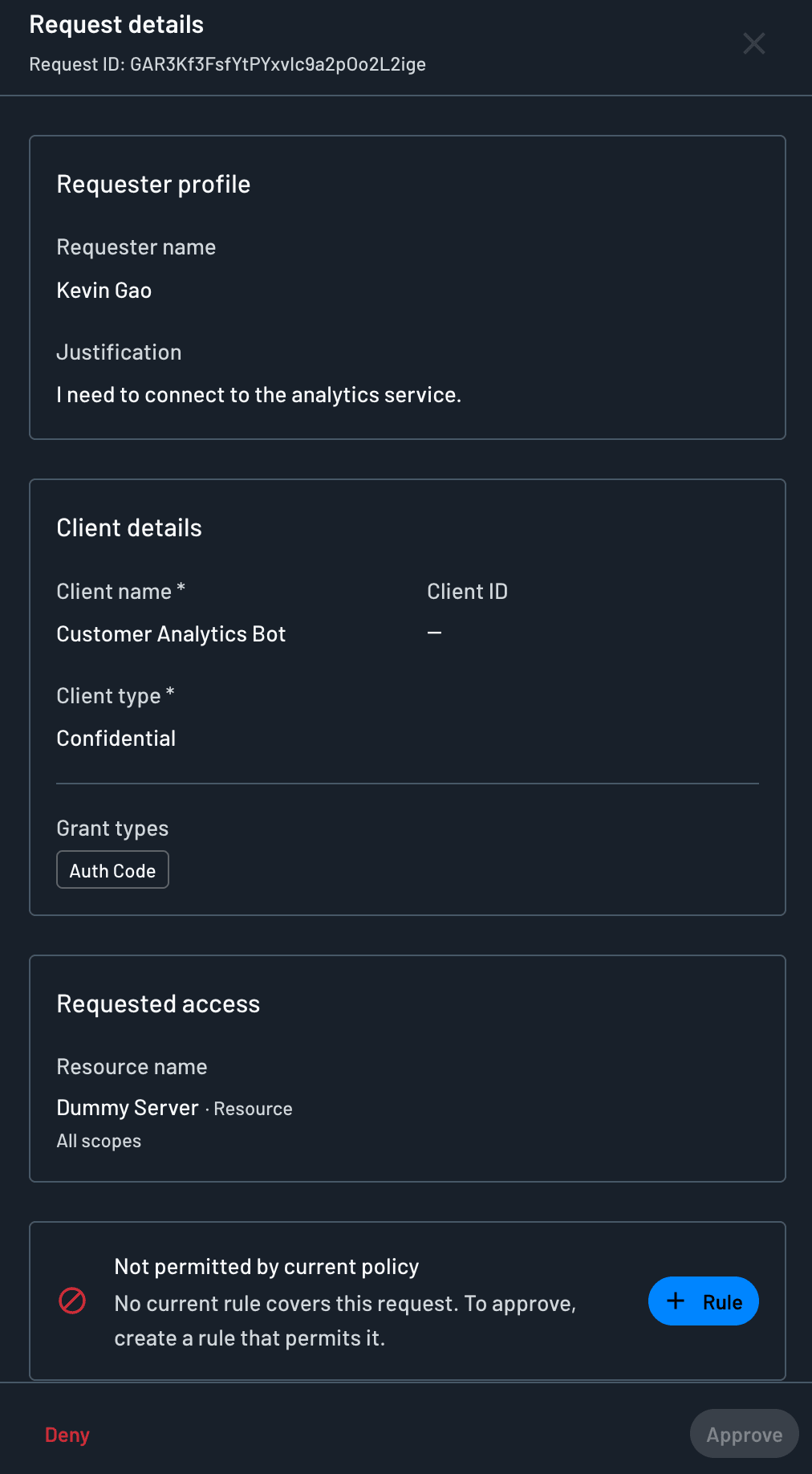 Request details panel for a pending request
