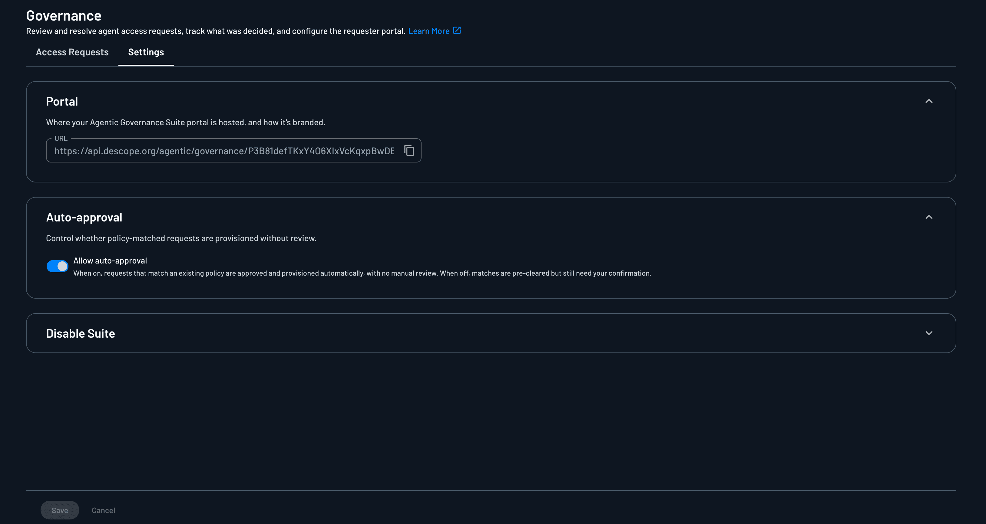 Governance settings with the portal URL, auto-approval, and disable suite sections