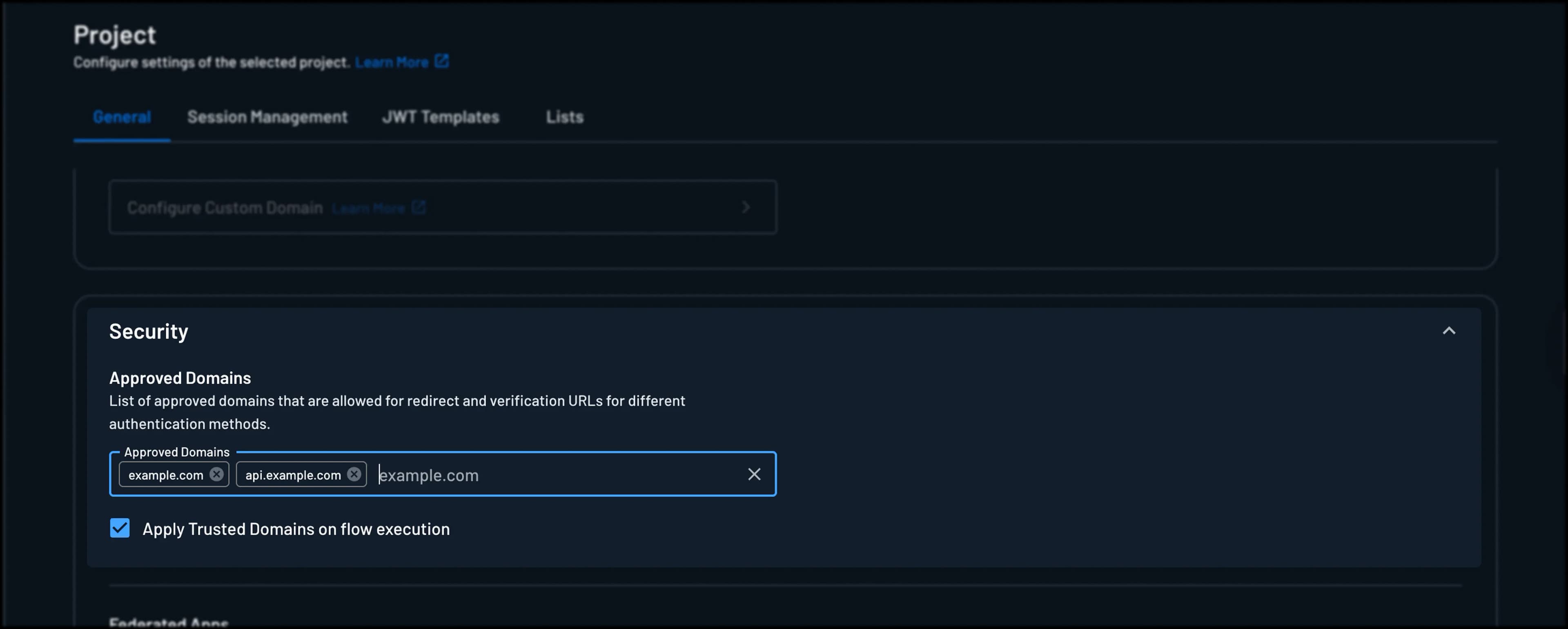 Approved Domains Project Settings