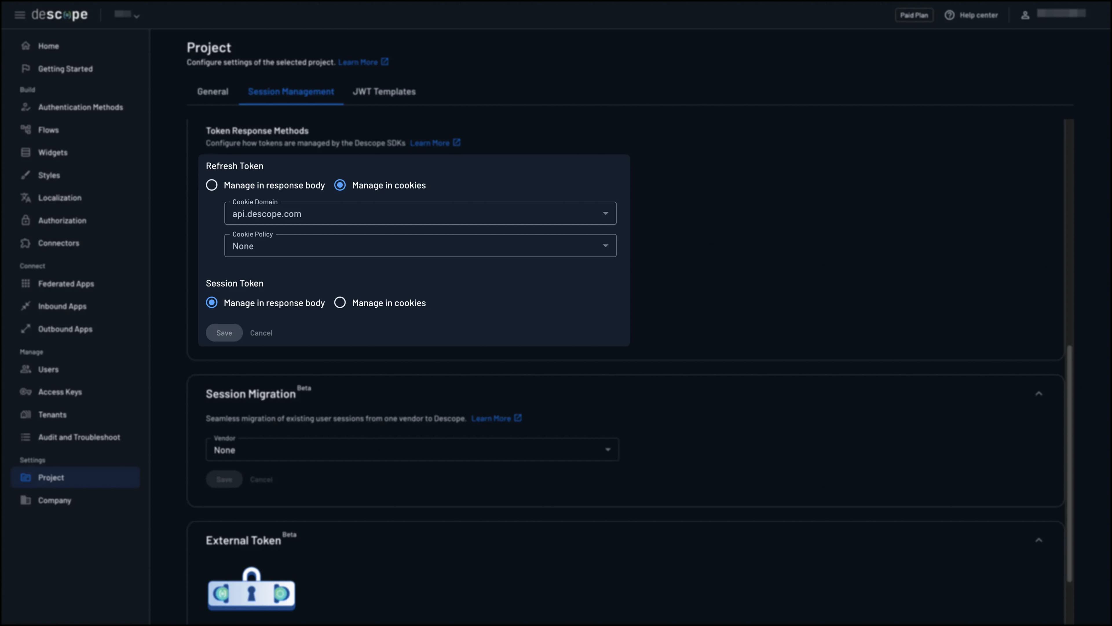 Descope settings showing refresh and session token cookie management
