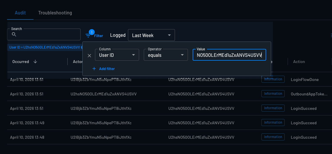 audit filtering by userID example