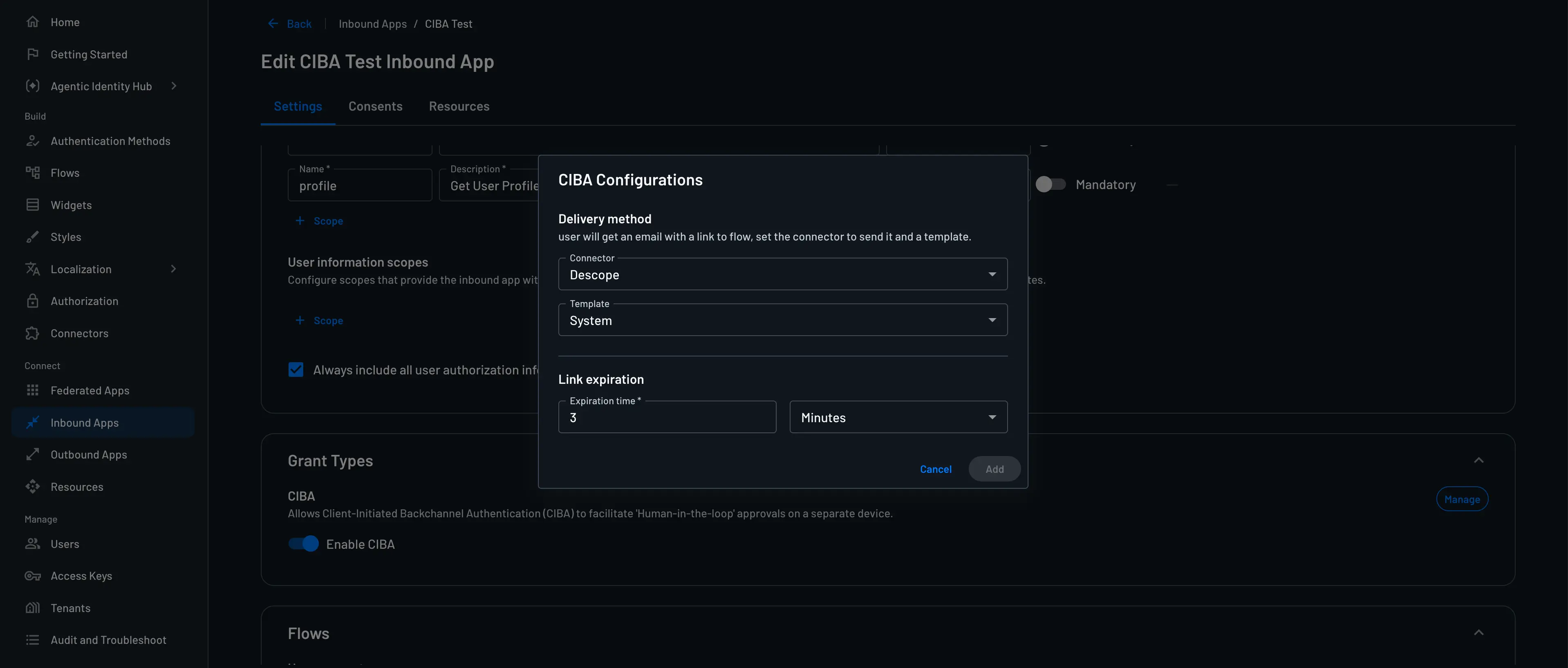 CIBA configuration panel