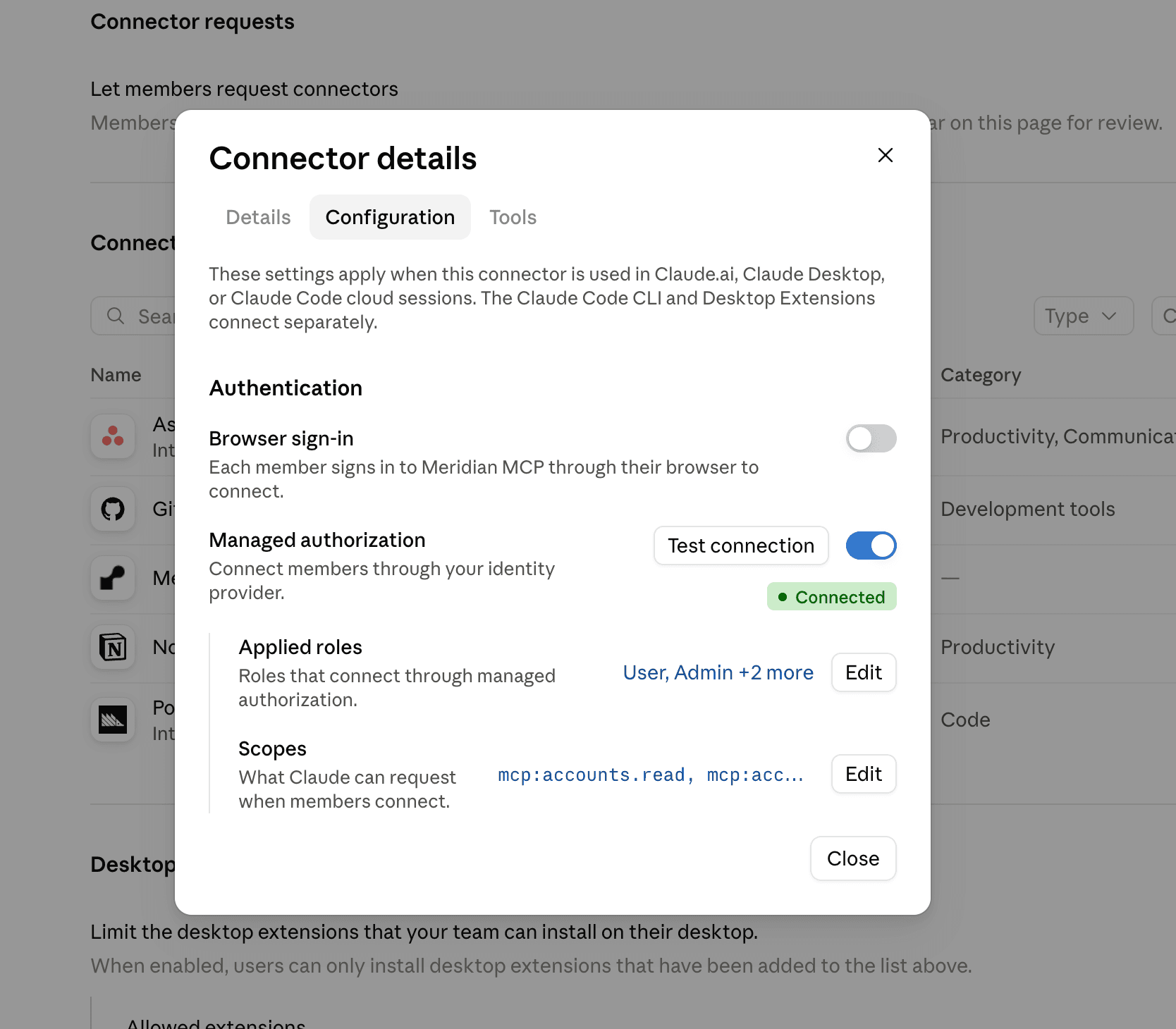 Claude connector configuration with browser sign-in off and managed authorization connected