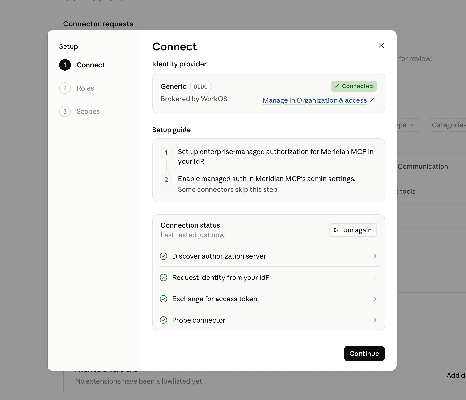 Managed authorization Connect step with passing tests