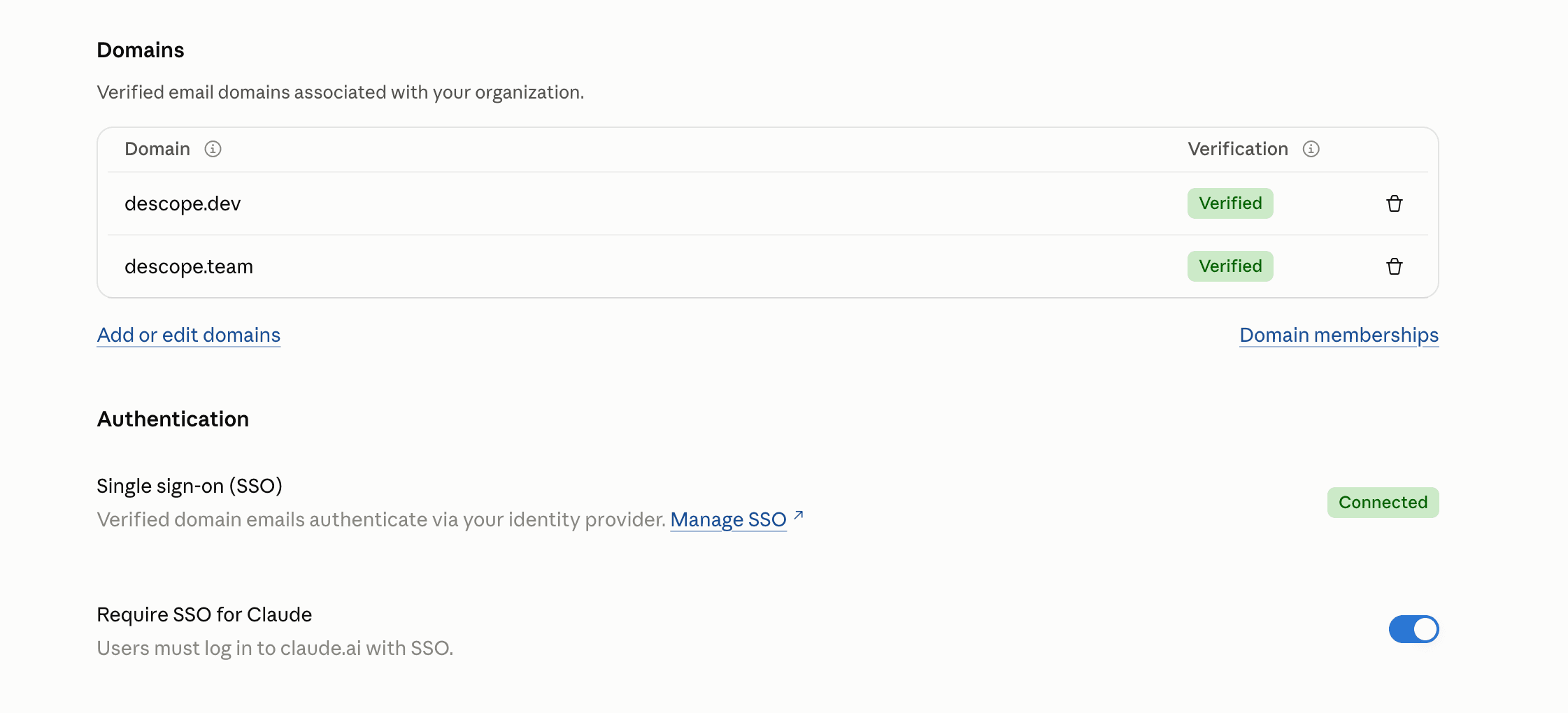 Claude organization settings with verified domains and SSO