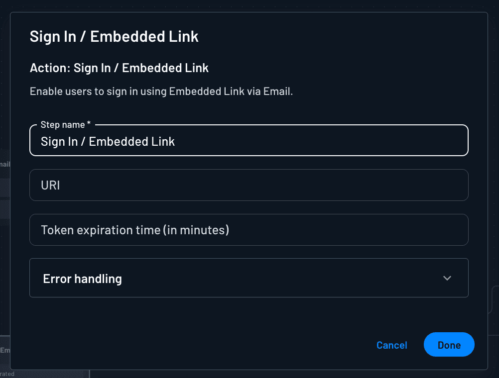 Configure embedded link sign in action for password reset within Descope flows