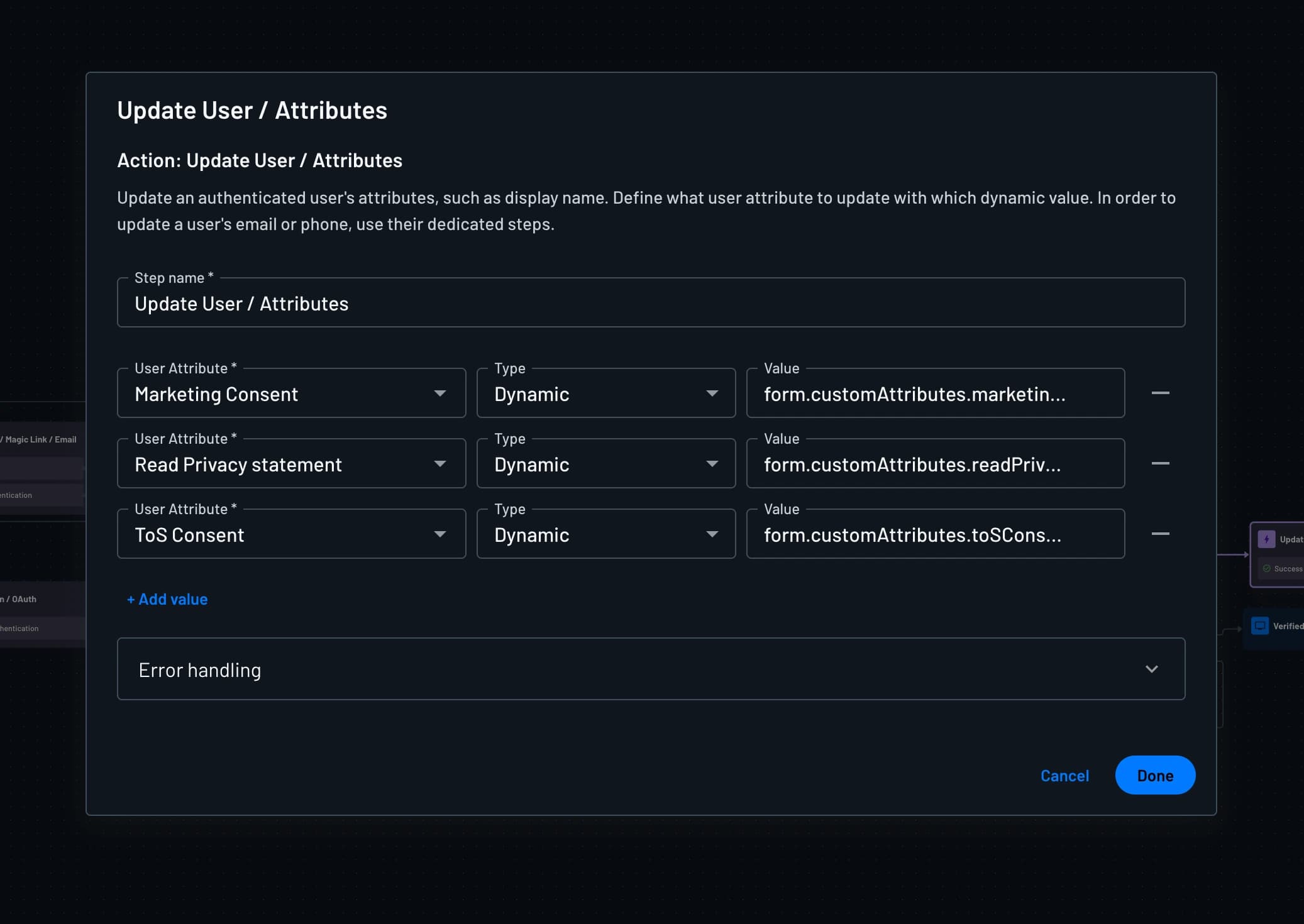 Configuring the Update User / Attributes action to persist consent attributes