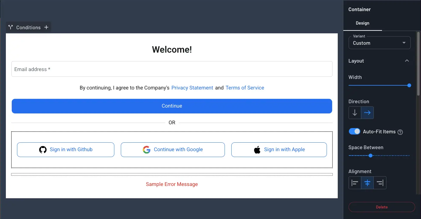 Three sign-in buttons sharing a row with Auto-Fit Items enabled