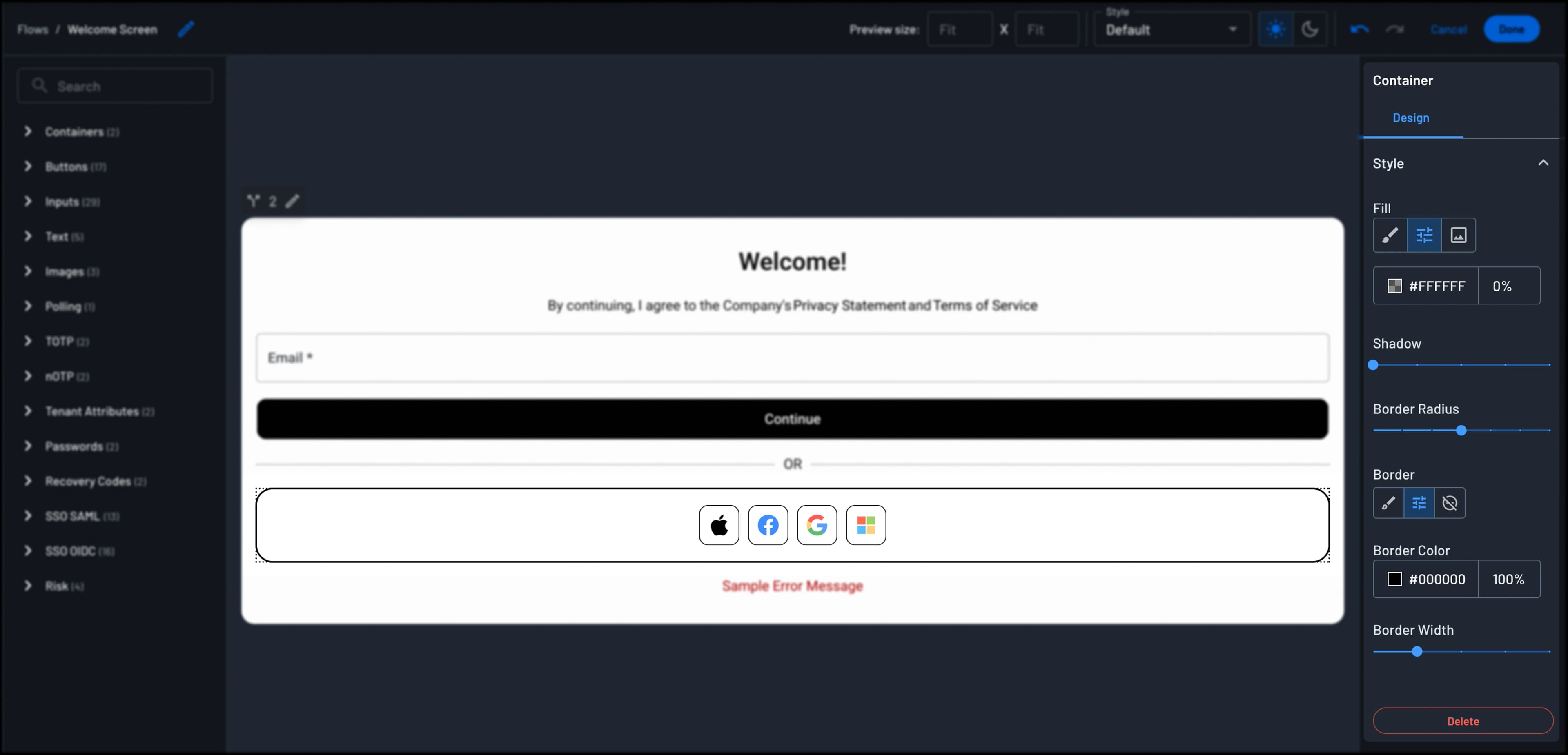 Container styling options in the Screen Builder