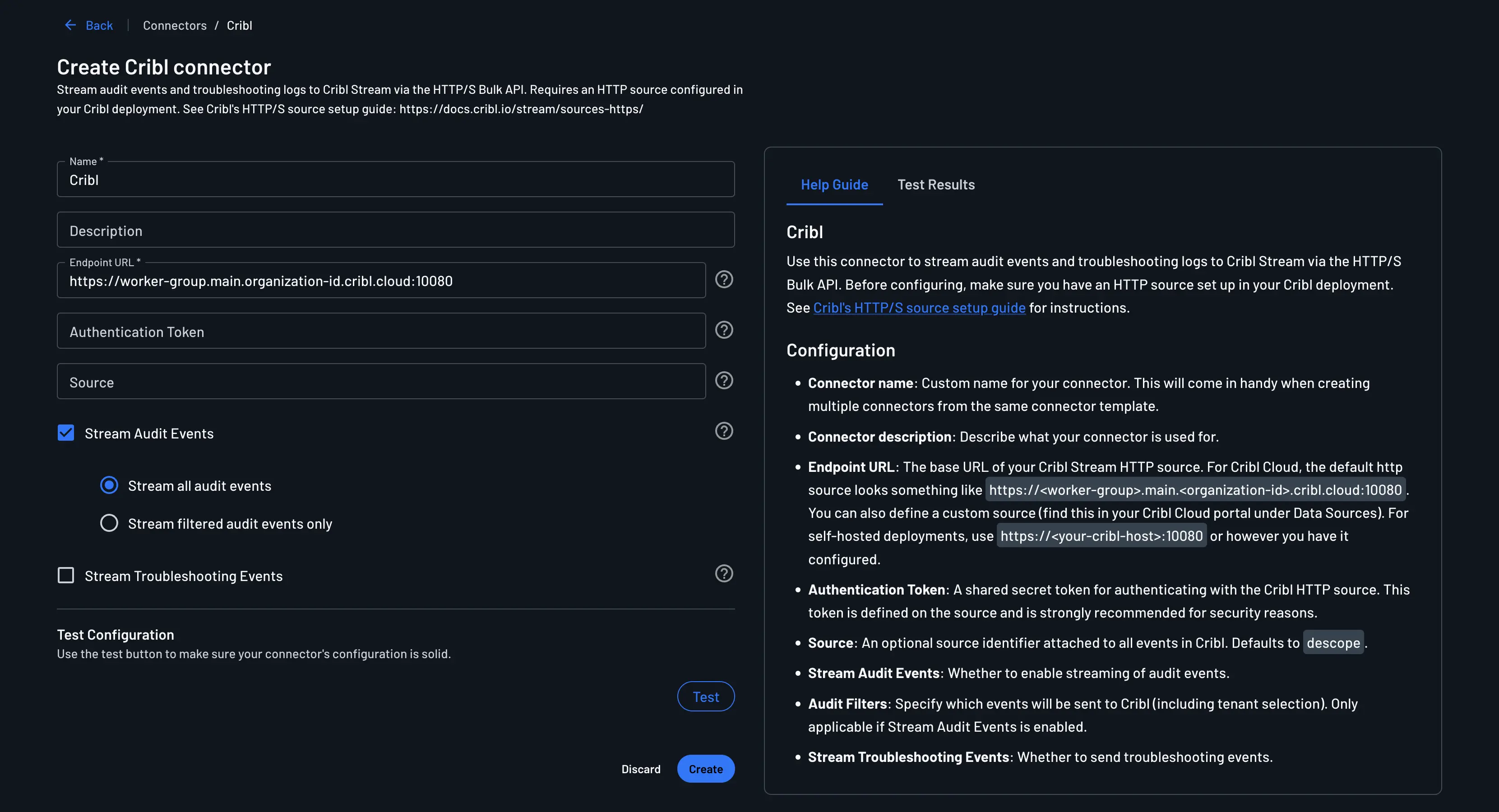 Cribl connector setup