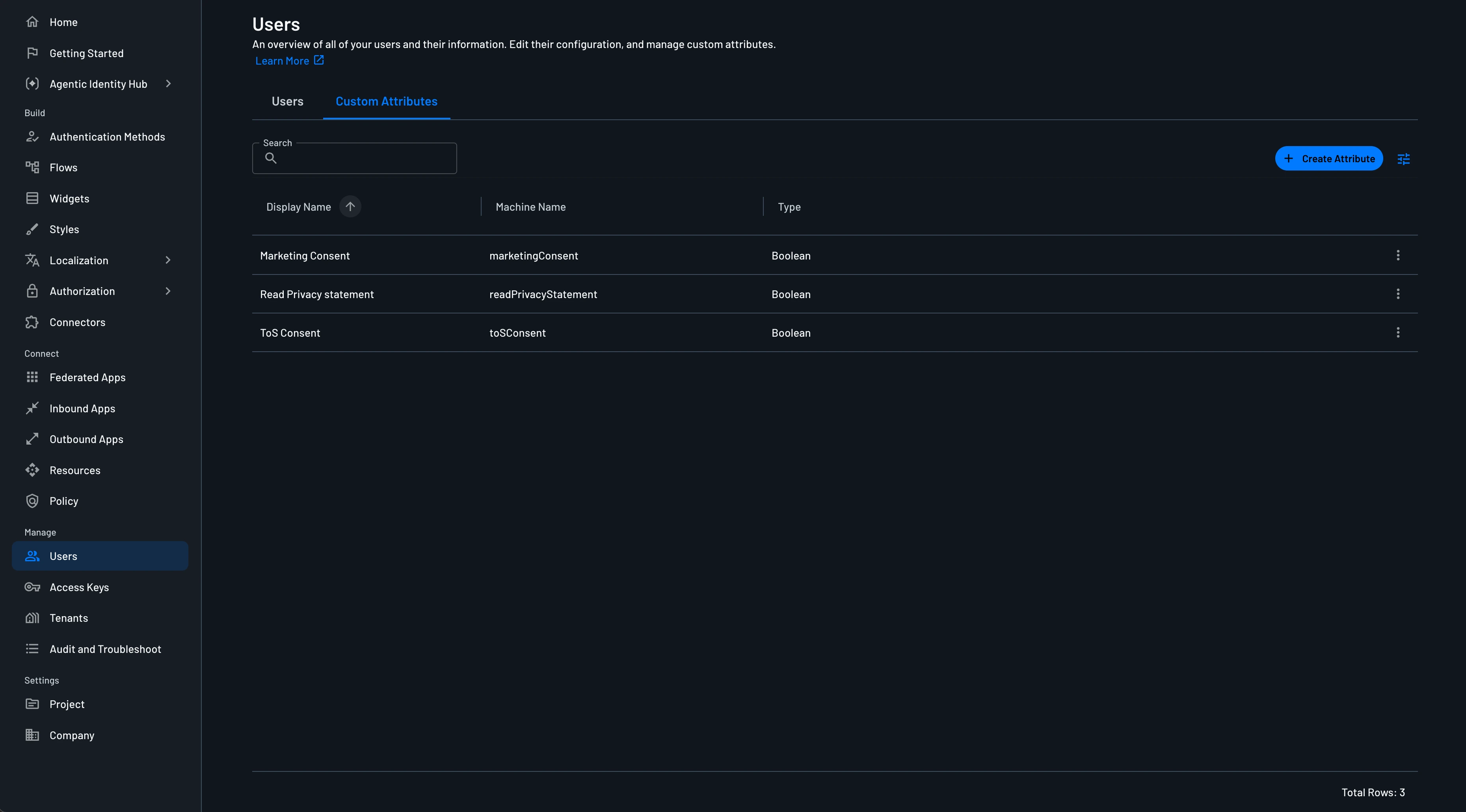 Custom attributes in the Descope Console