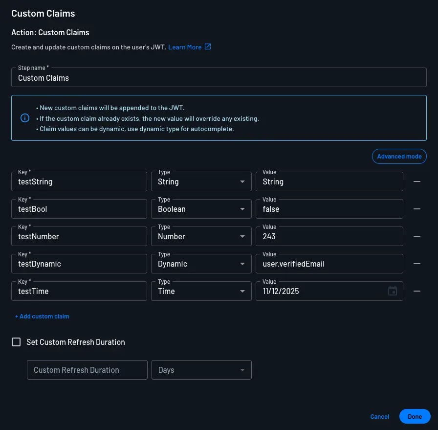 Descope custom claims management add to flow