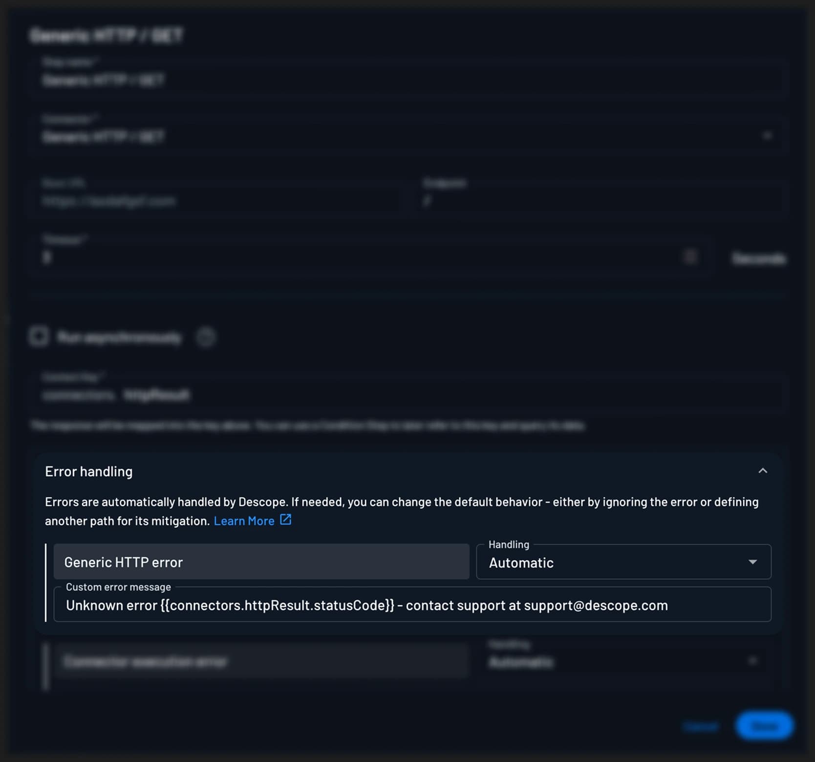Descope error handling configuration example of using a dynamic value of an HTTP connector error