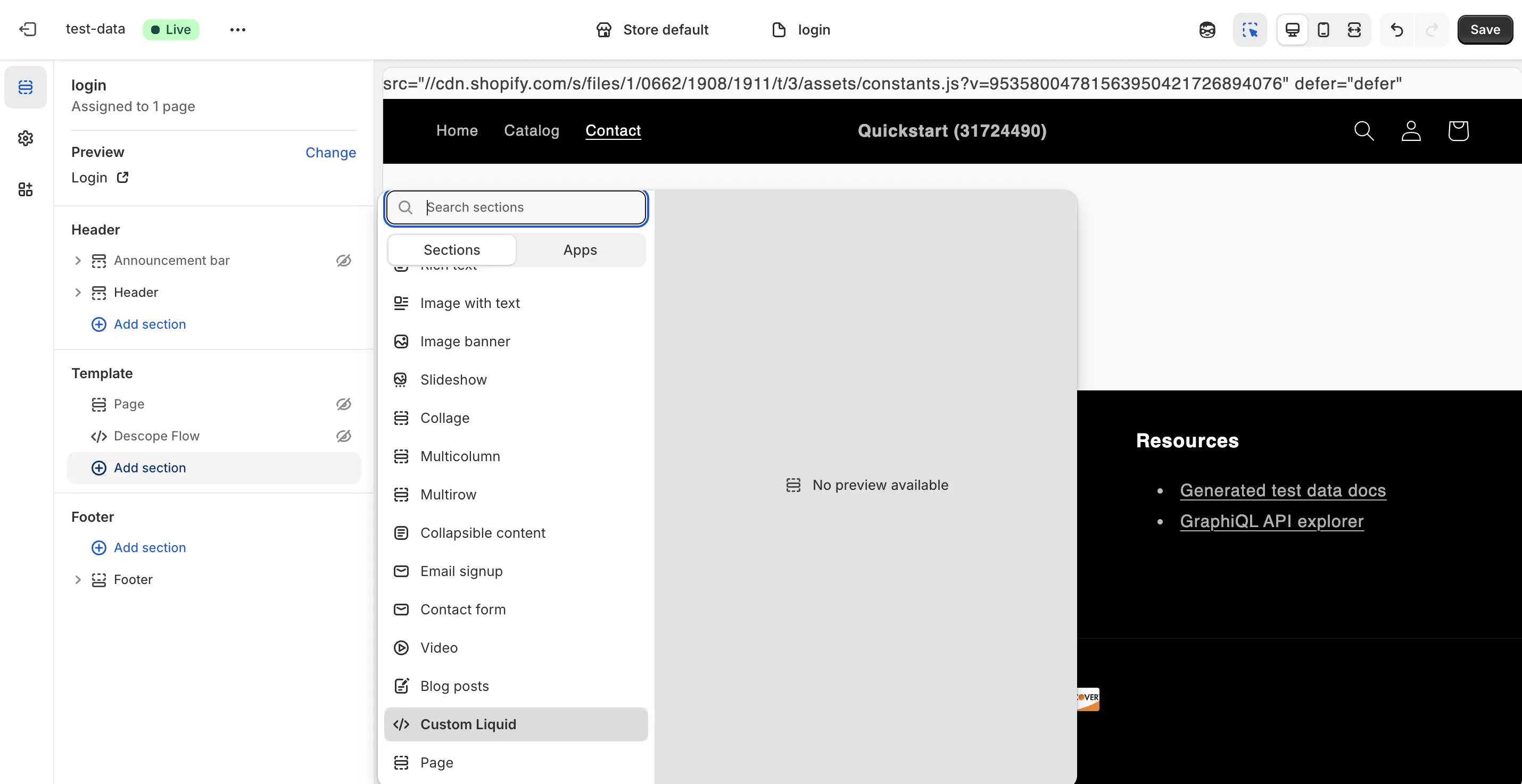 Shopify page with custom liquid code
