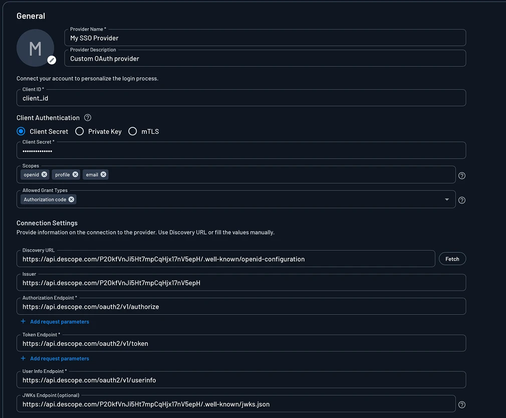 Custom provider connection settings