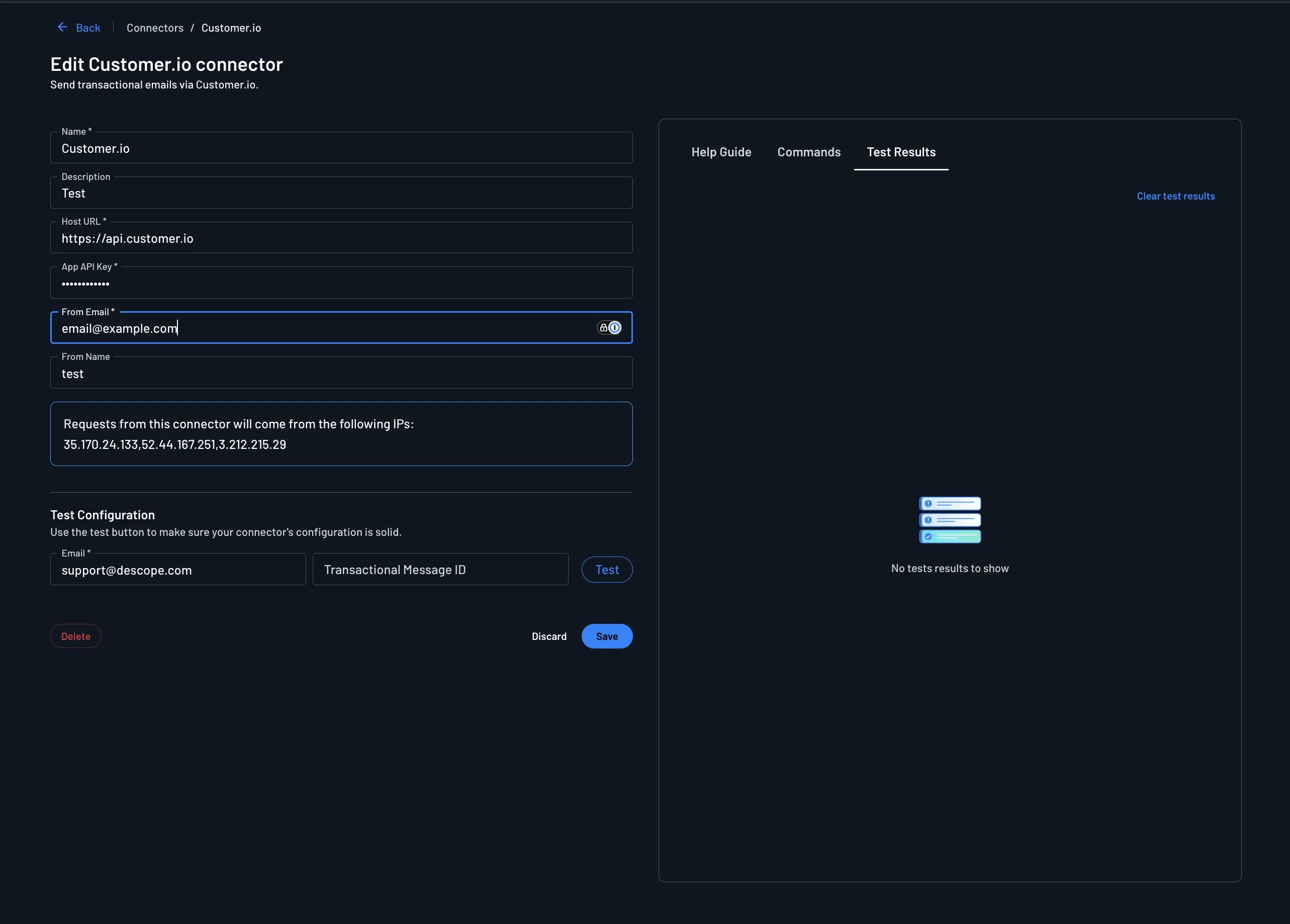 Descope example Customer.io connector configuration