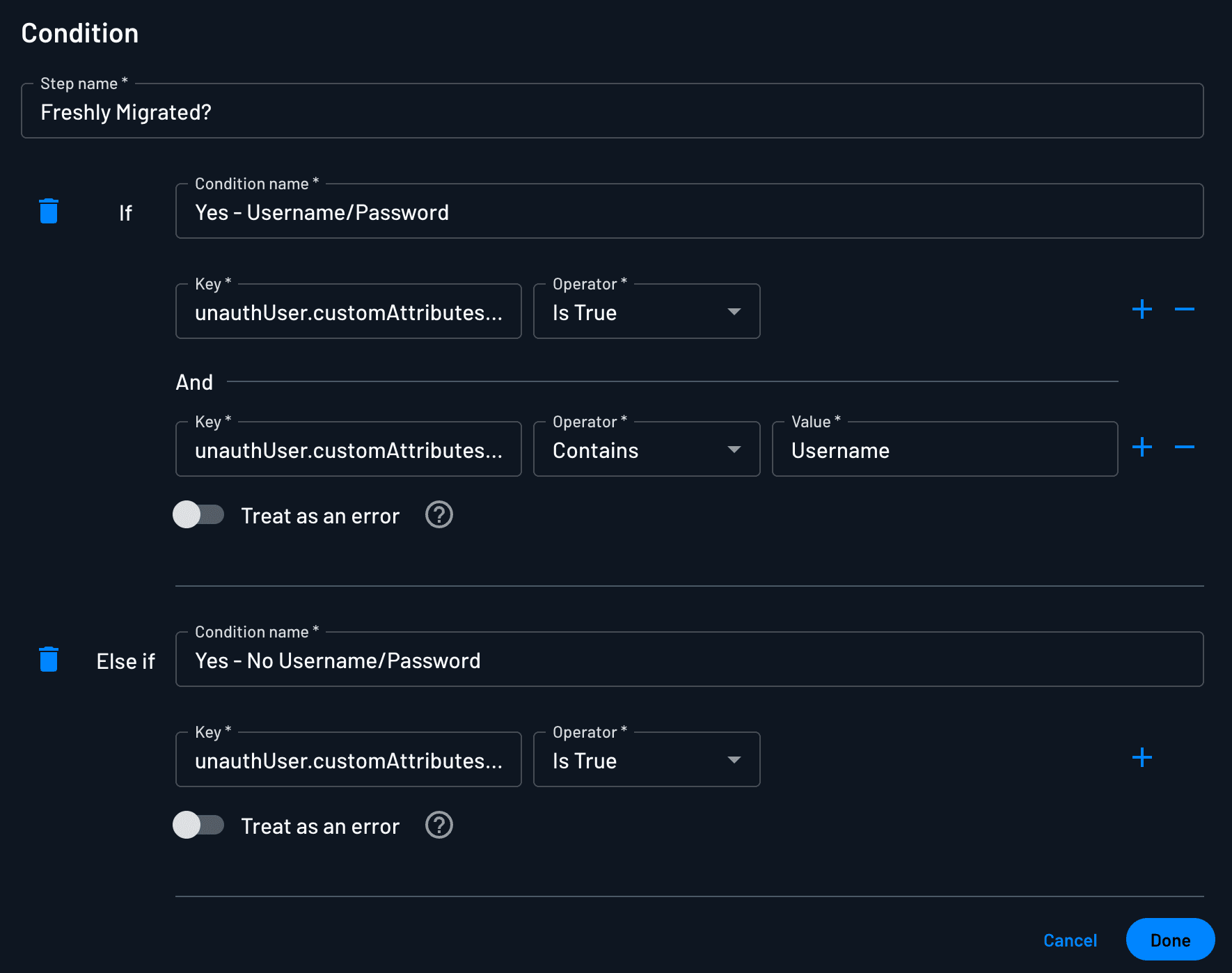 An example of using the freshlyMigrated attribute within a Descope flow conditional