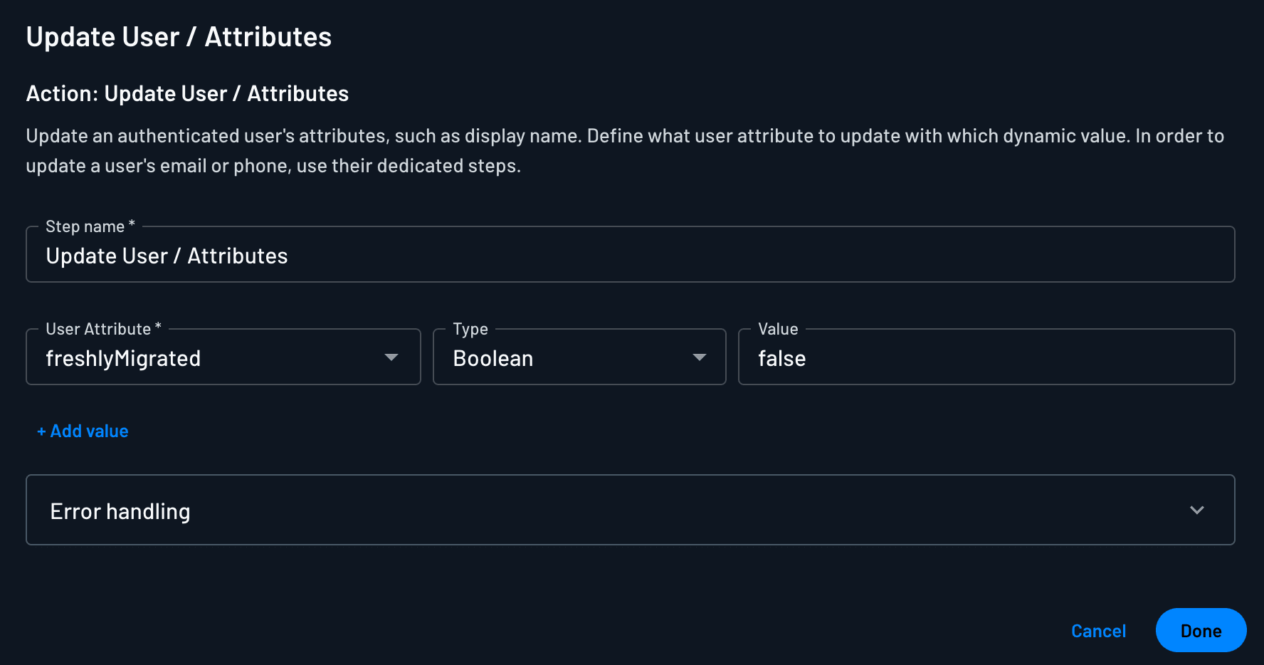 An example of setting the freshlyMigrated attribute to false within flows