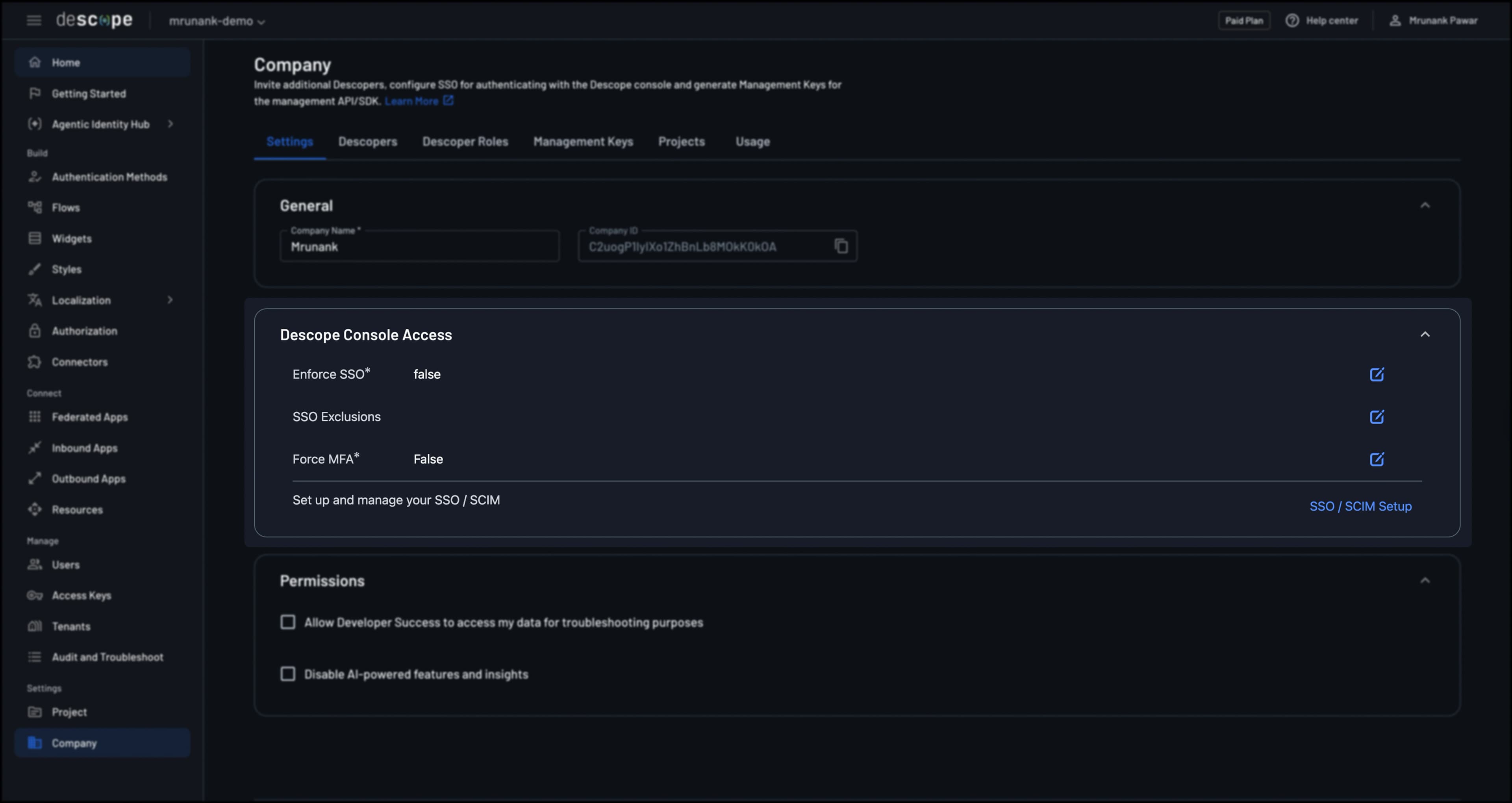 Descope Company Settings console access