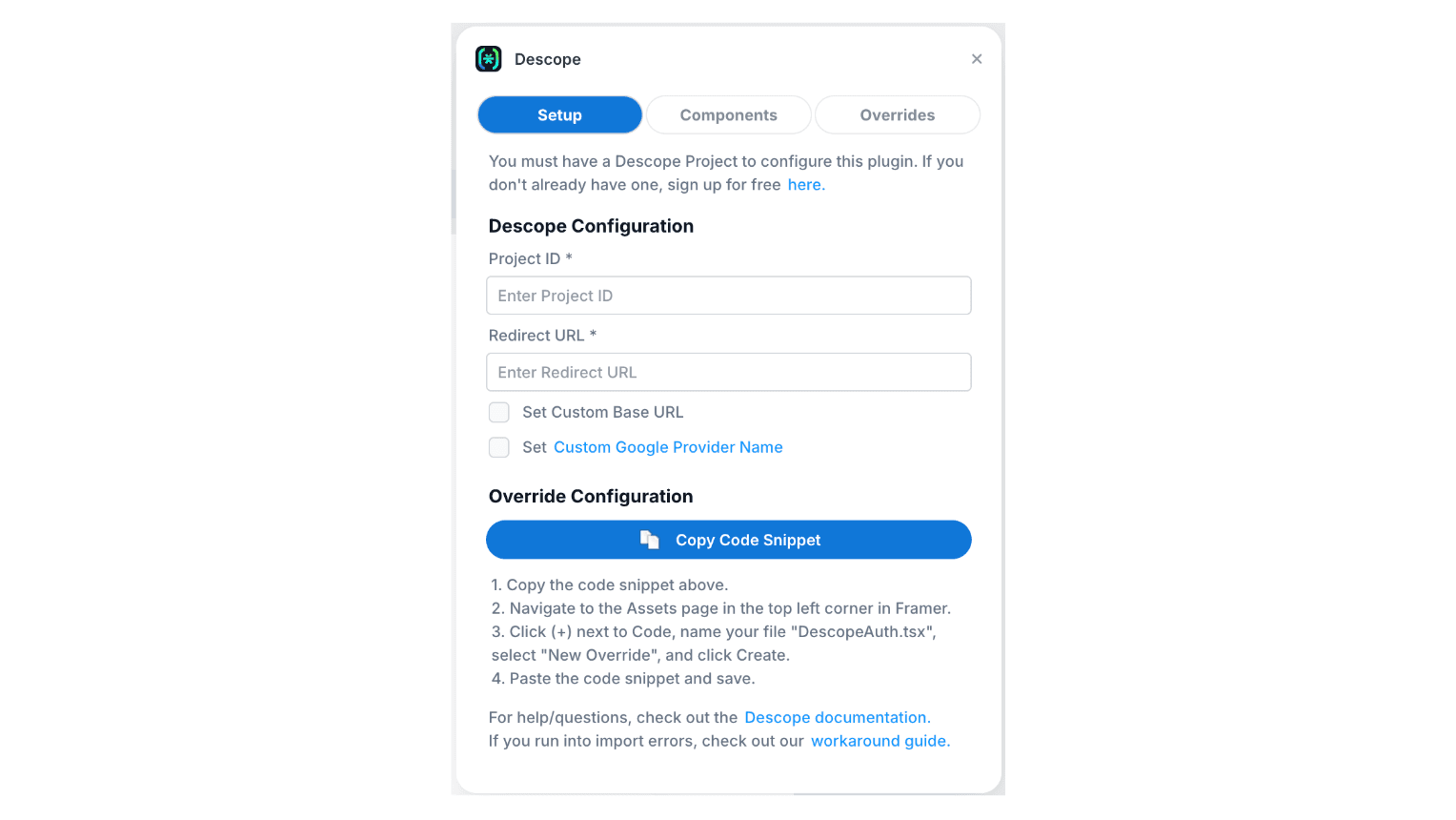 Descope Framer Settings