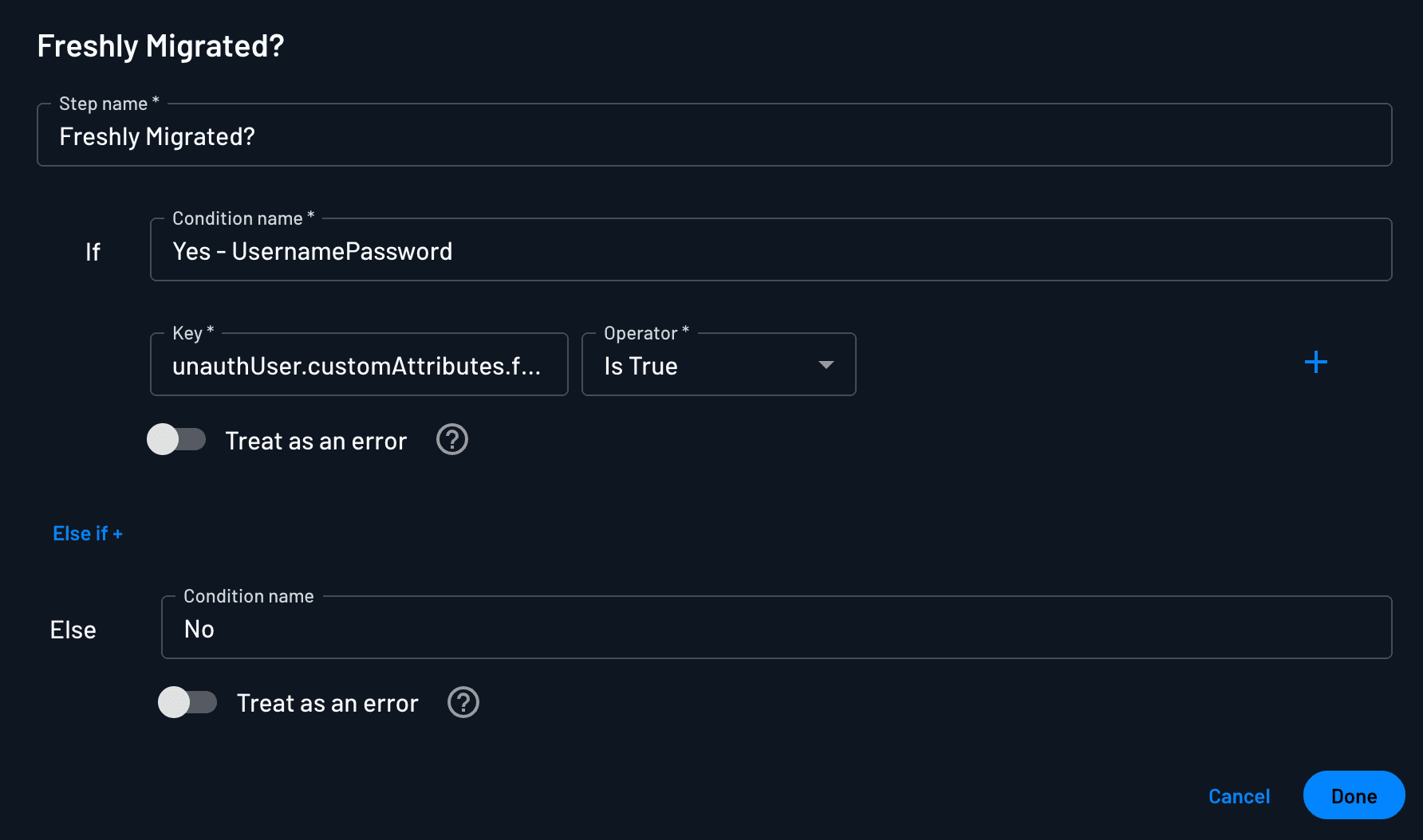 An example of using the freshlyMigrated attribute within a Descope flow conditional