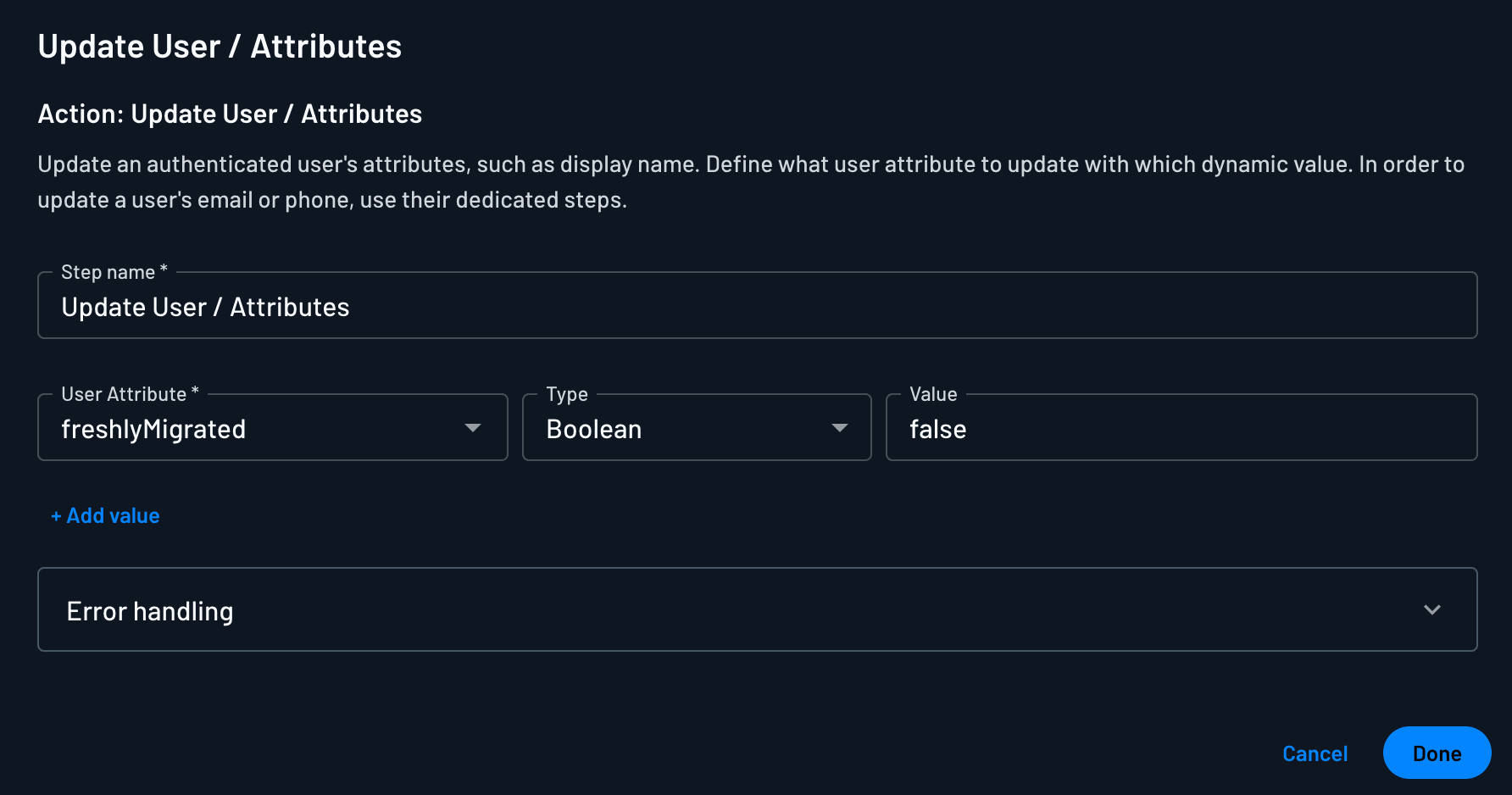 An example of setting the freshlyMigrated attribute to false within flows