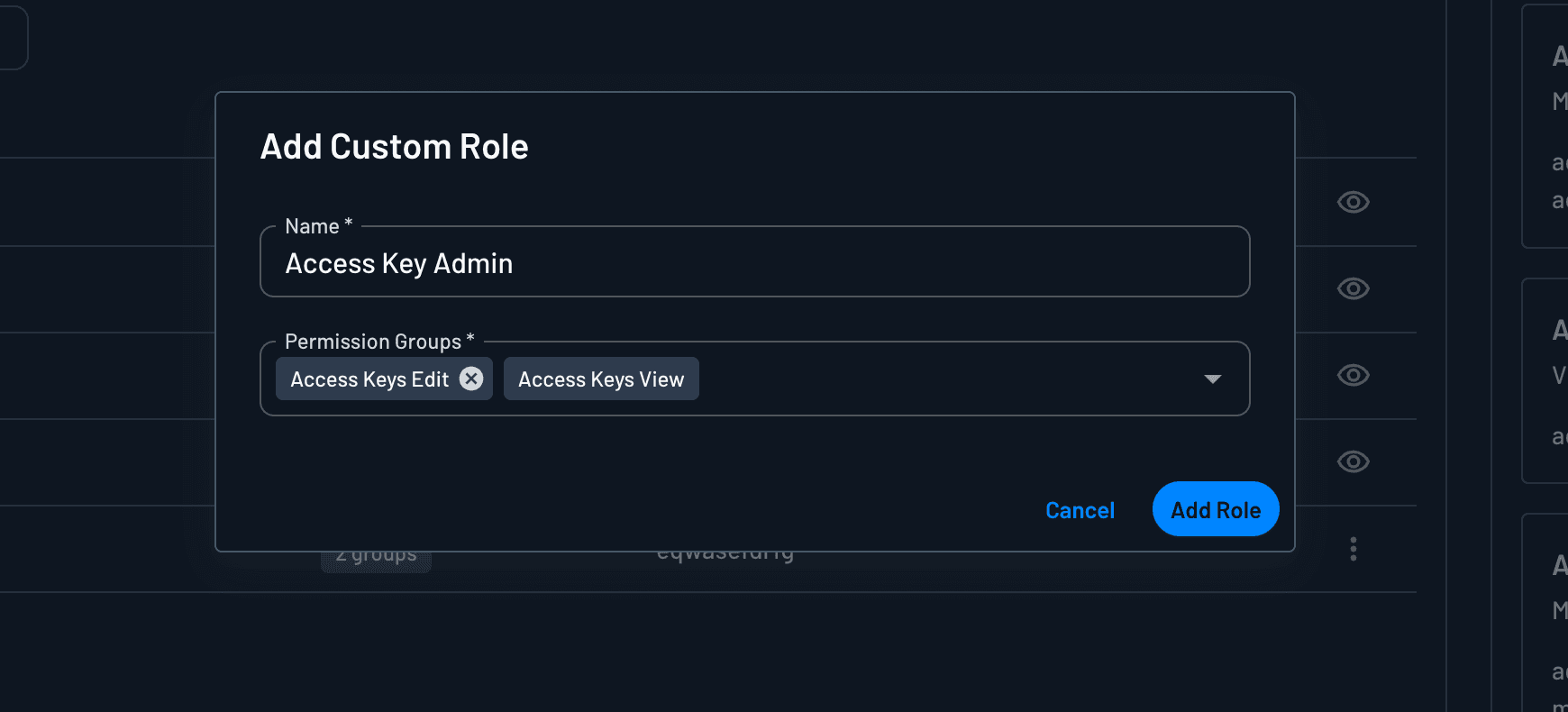 Adding a custom role with a name and permission groups