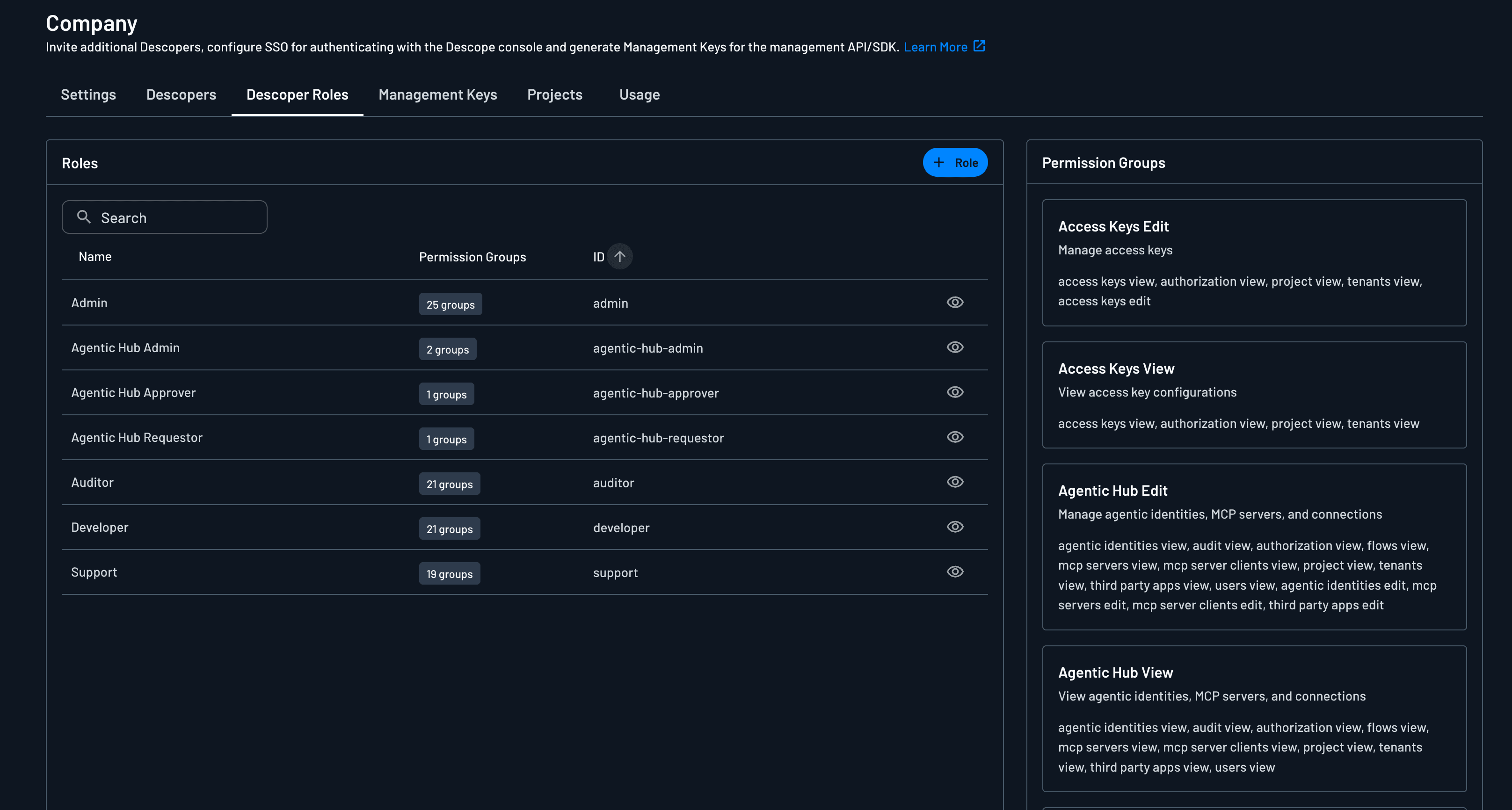 Descoper Roles tab with the roles list and permission groups