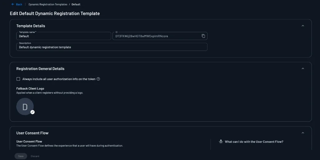 Template Details section of a dynamic registration template