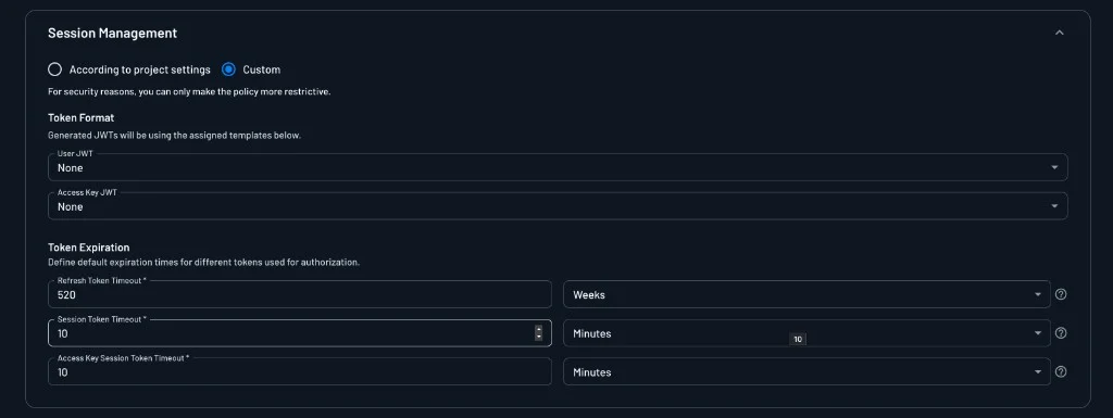 Session Management section of a dynamic registration template