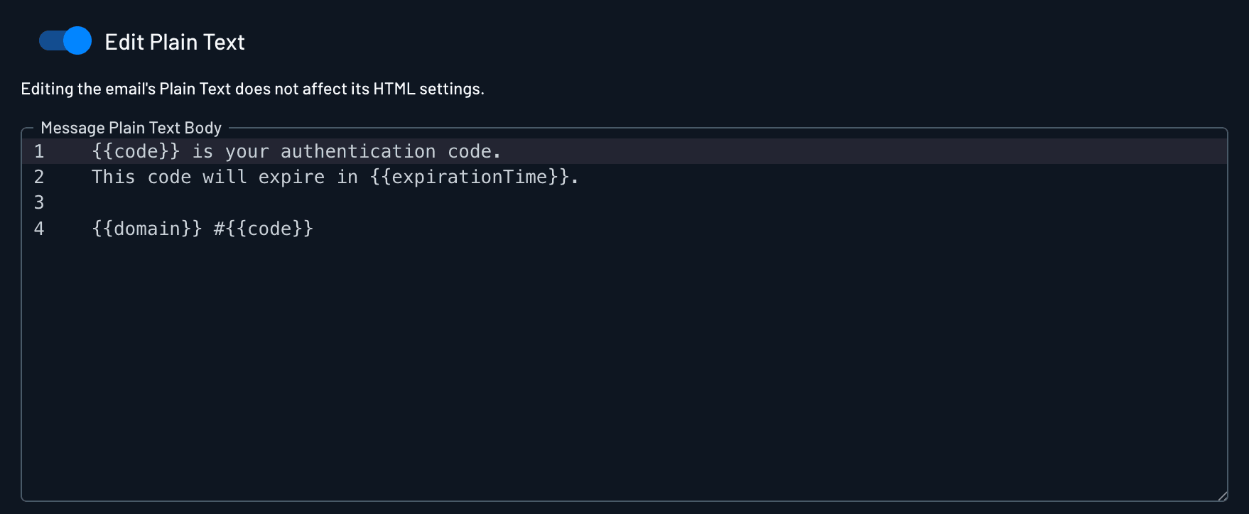 Example of a plain text mode for email template in Descope