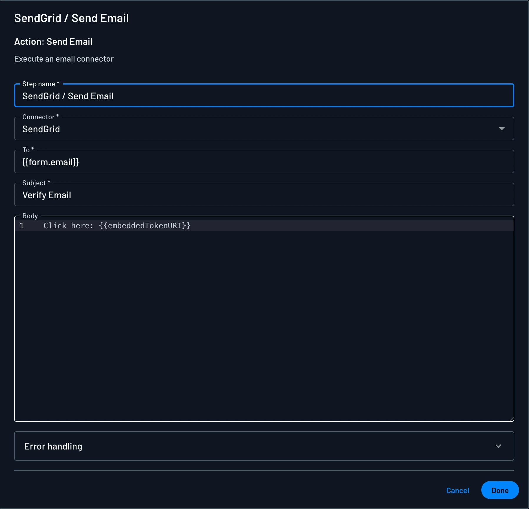 An example of a SendGrid connector being used to send an embedded link