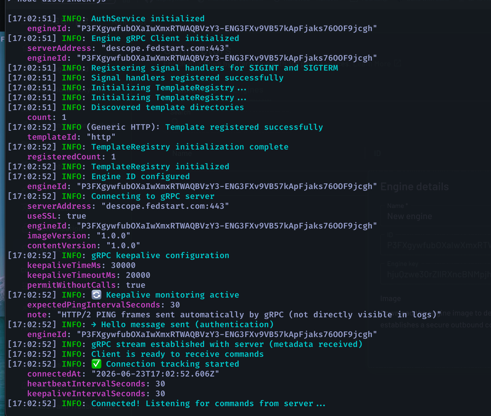 Engine connected logs